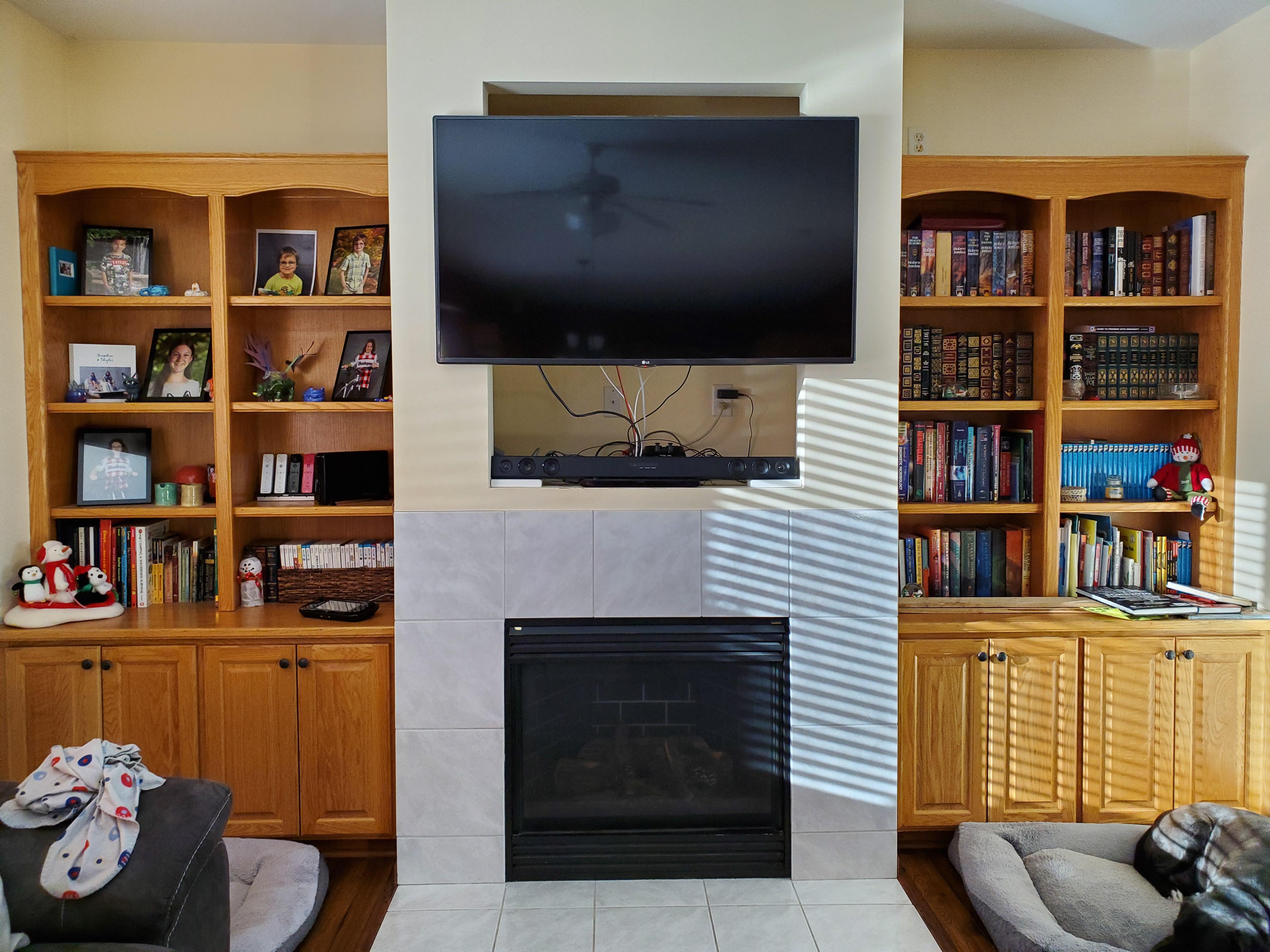 How do I restain these shelves and unstained mantel the same (building