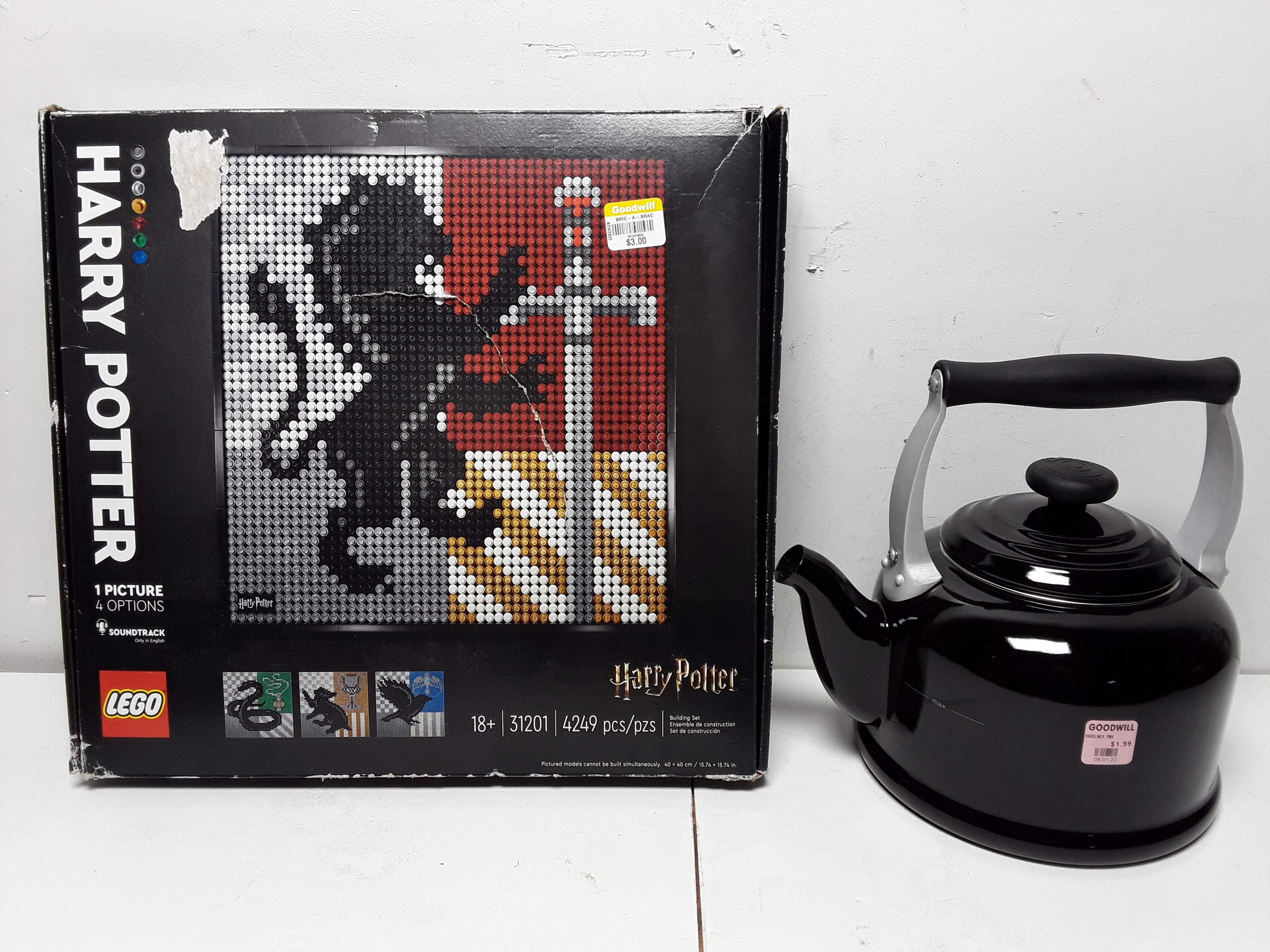 New Lego Harry Potter Hogwarts Crest 3.00, Le Creuset Tea Kettle 1.99