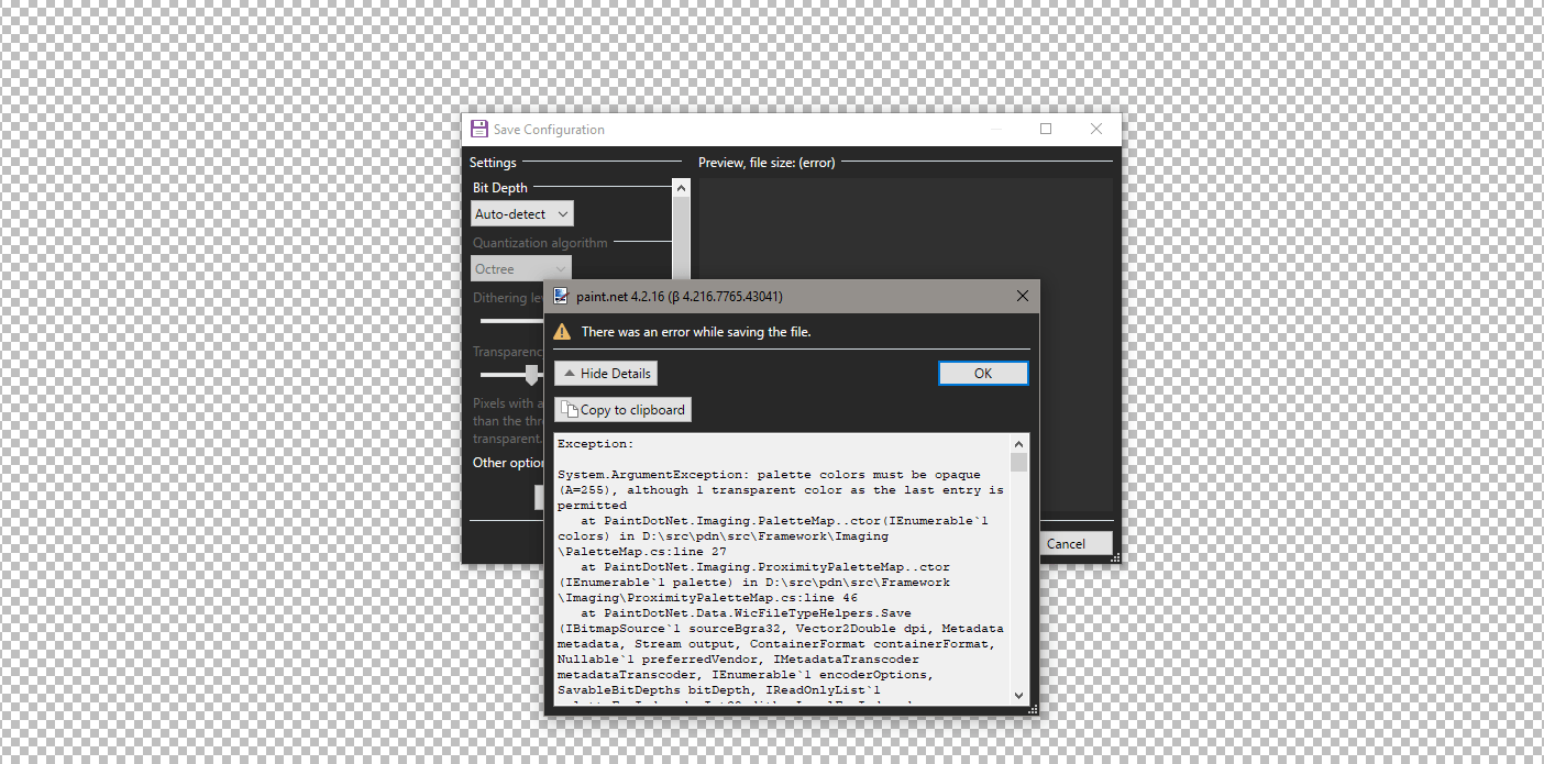 Any kind of transparency makes any file unable to be saved