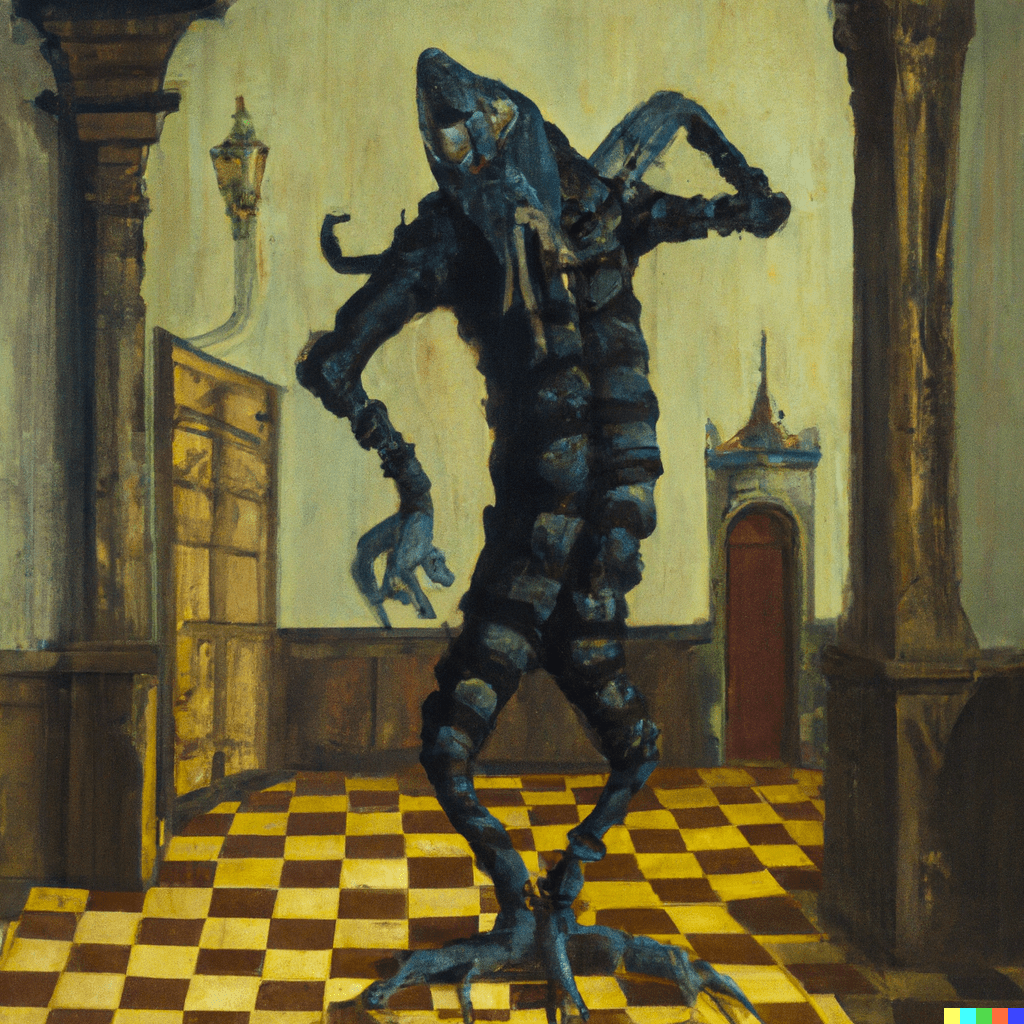 a haunted house fantasy monster with a large body and skinny legs and