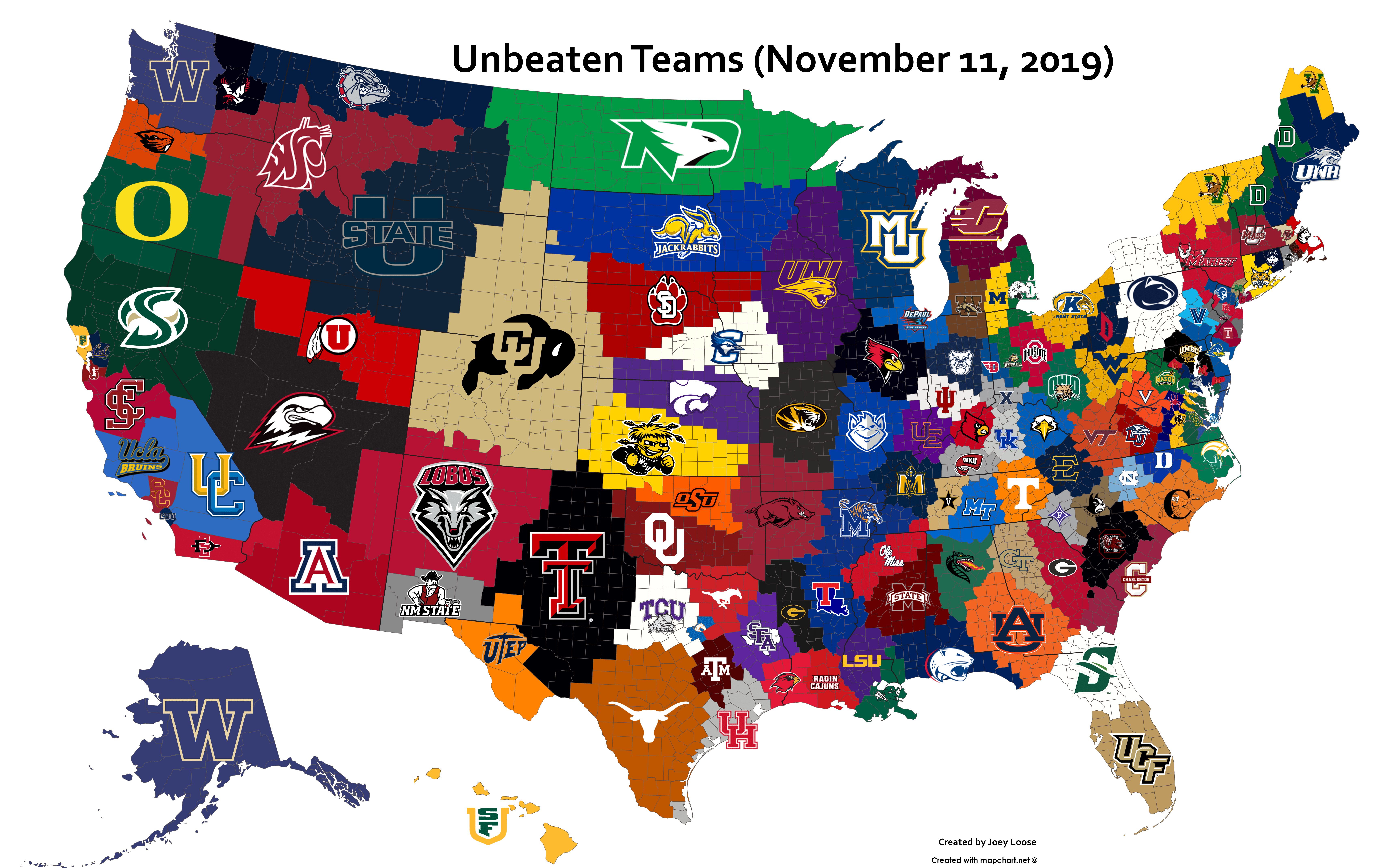 Closest Undefeated Team to Each US County (November 11, 2019) r
