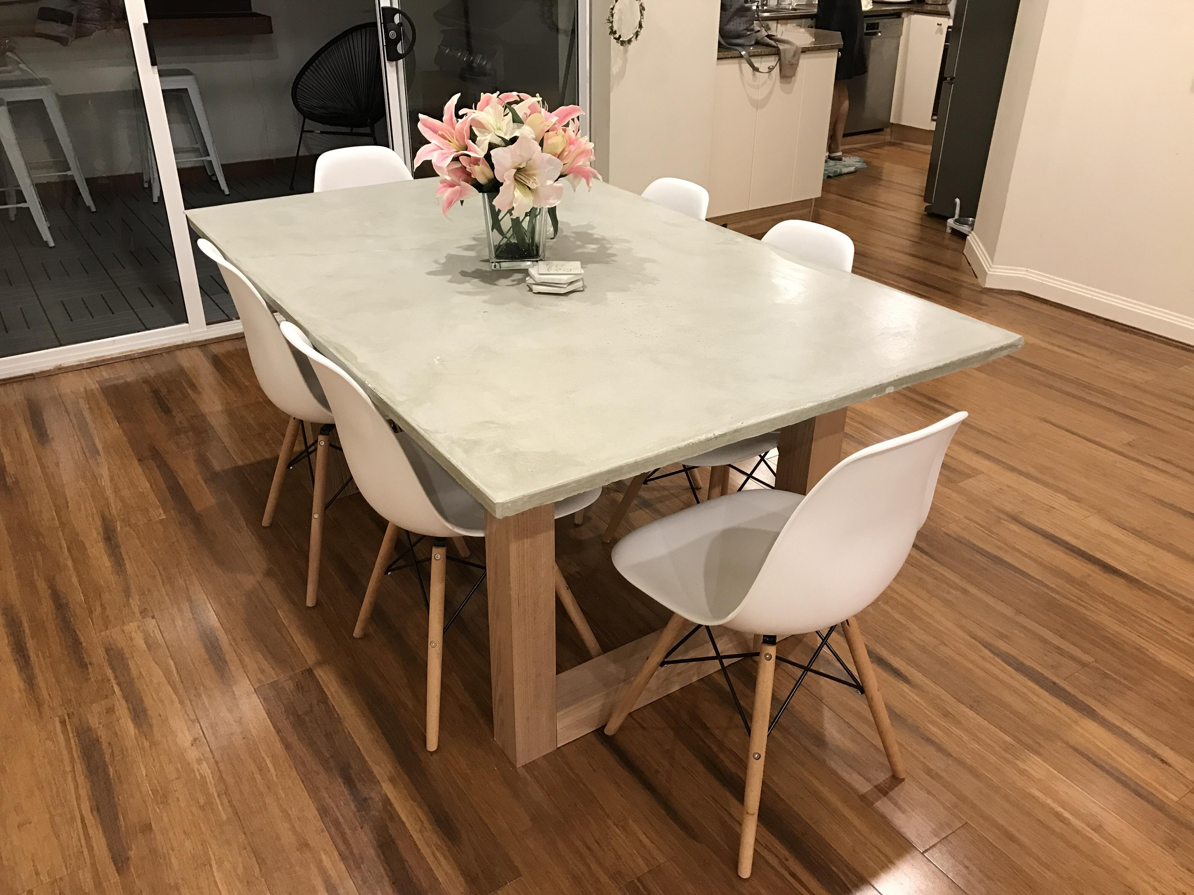 Couldn’t find a dining table I liked so I built this. Cement table top