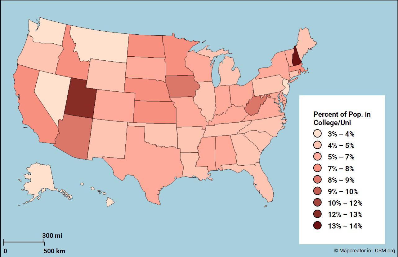 [OC] Percentage of population in uni/college (2022) by state r/MapPorn