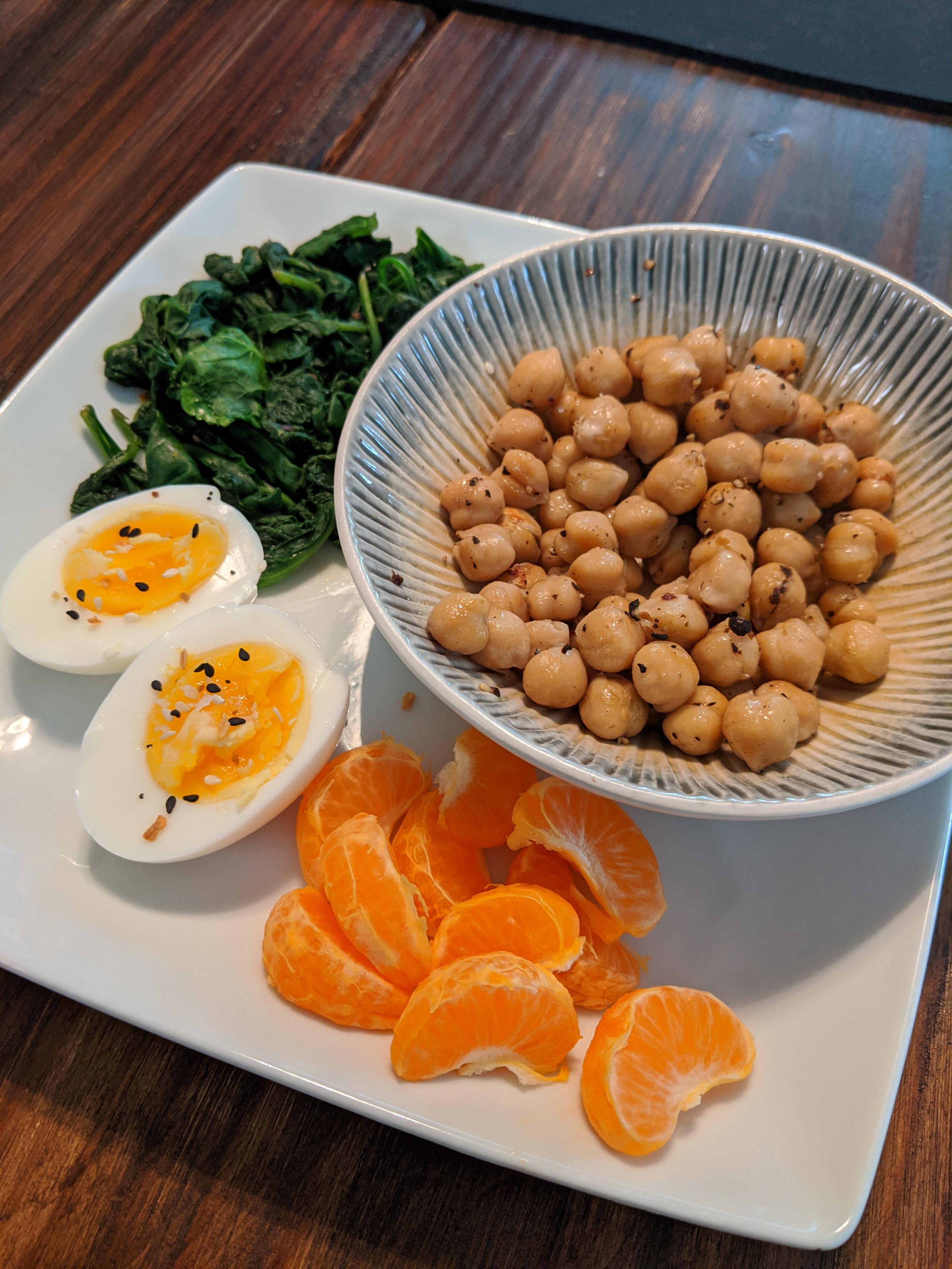 1/2 cup pan toasted garbanzo beans with black pepper, wilted spinach