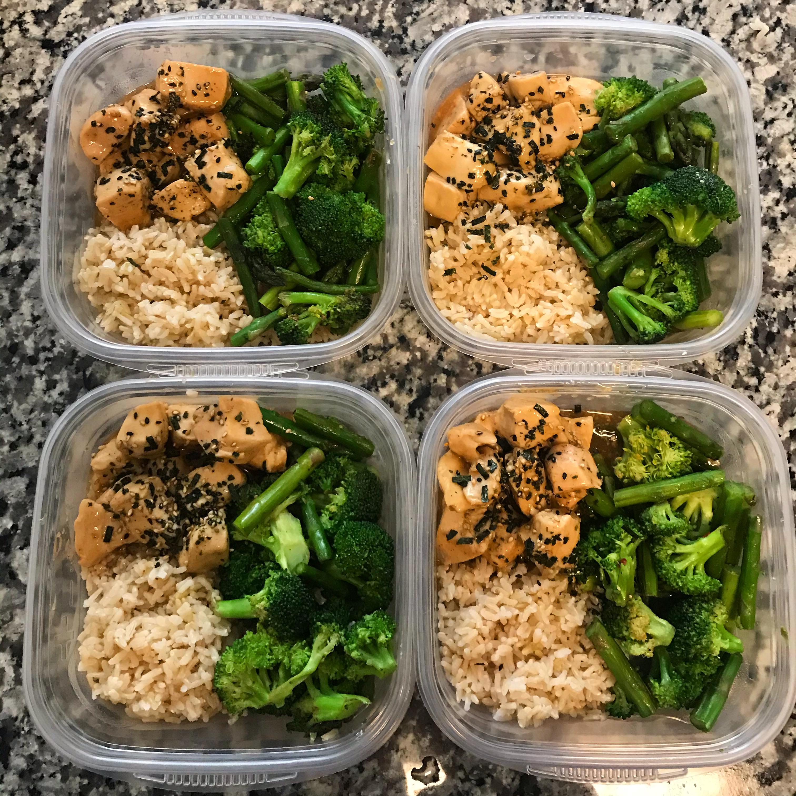 Honey lemon chicken, asparagus and broccoli, brown rice ) r