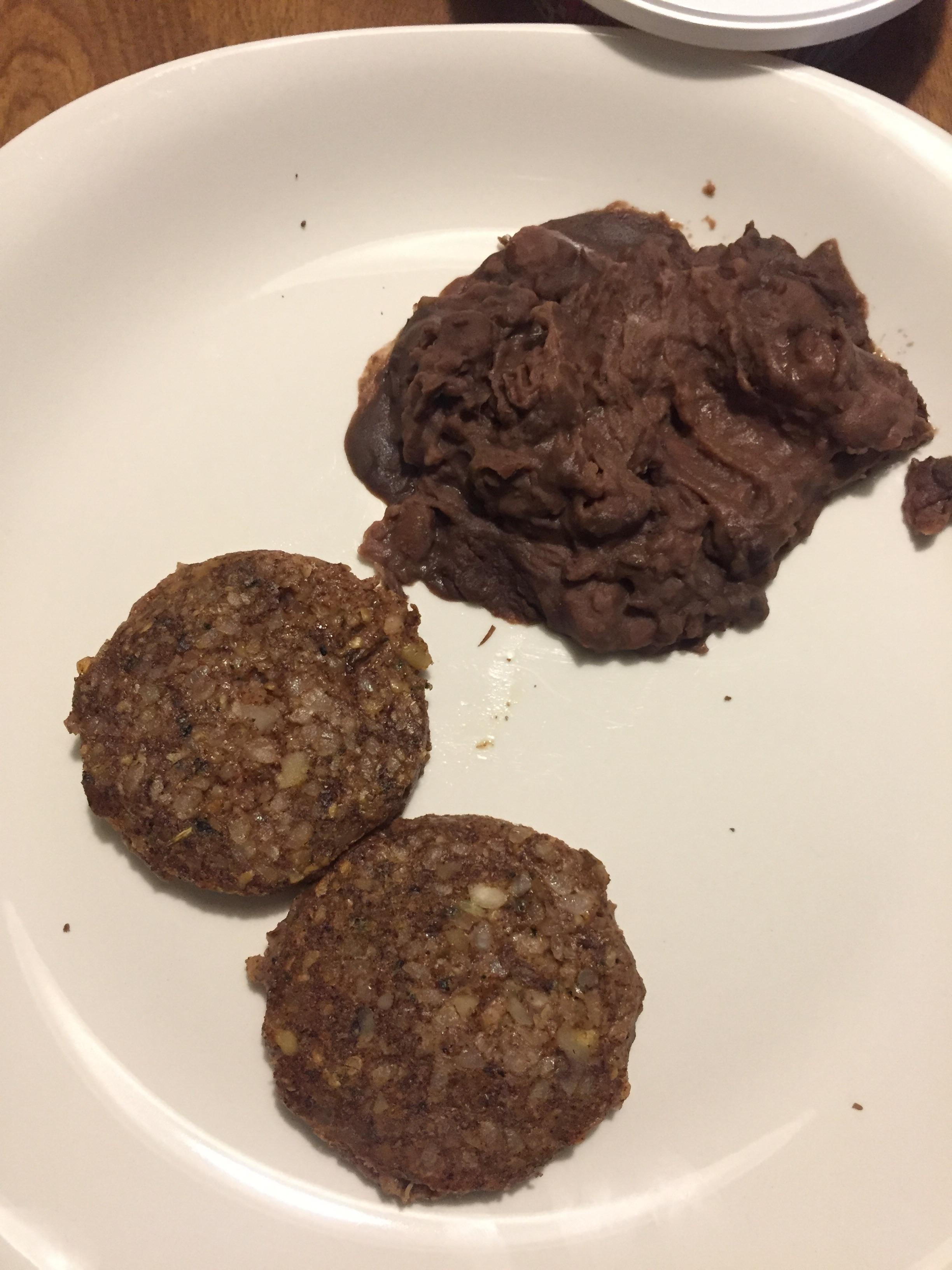 Nutcase Vegan Breakfast Sausage and refried black beans for lunch today. I love my life. r