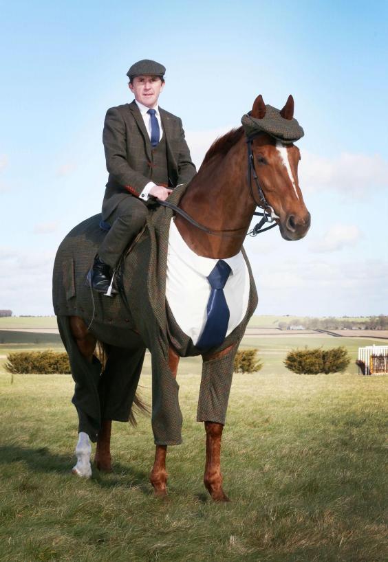 A horse and a man wearing identical suits r/pics