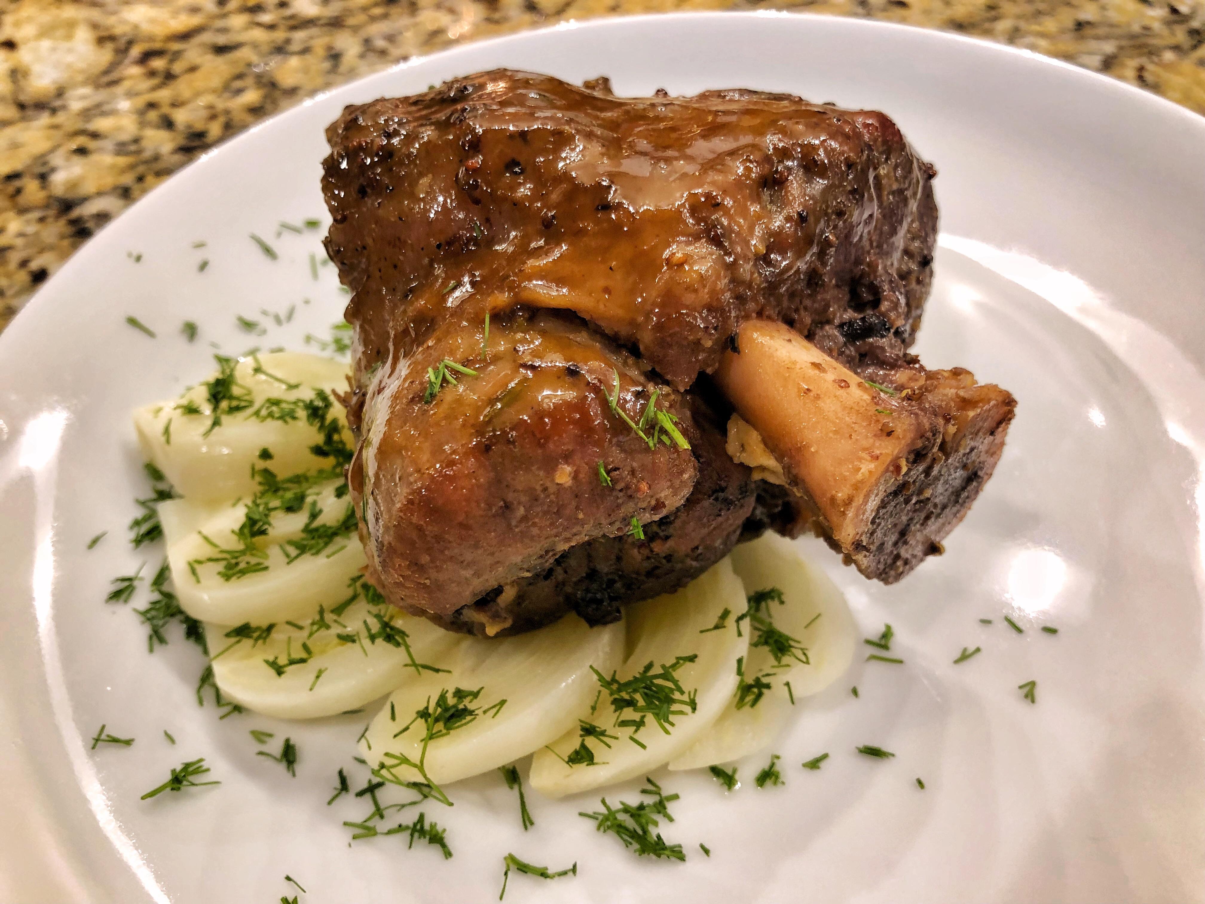 Pork Shank with Apple Cider Gravy. Lemon and Dill Fennel. 158F for