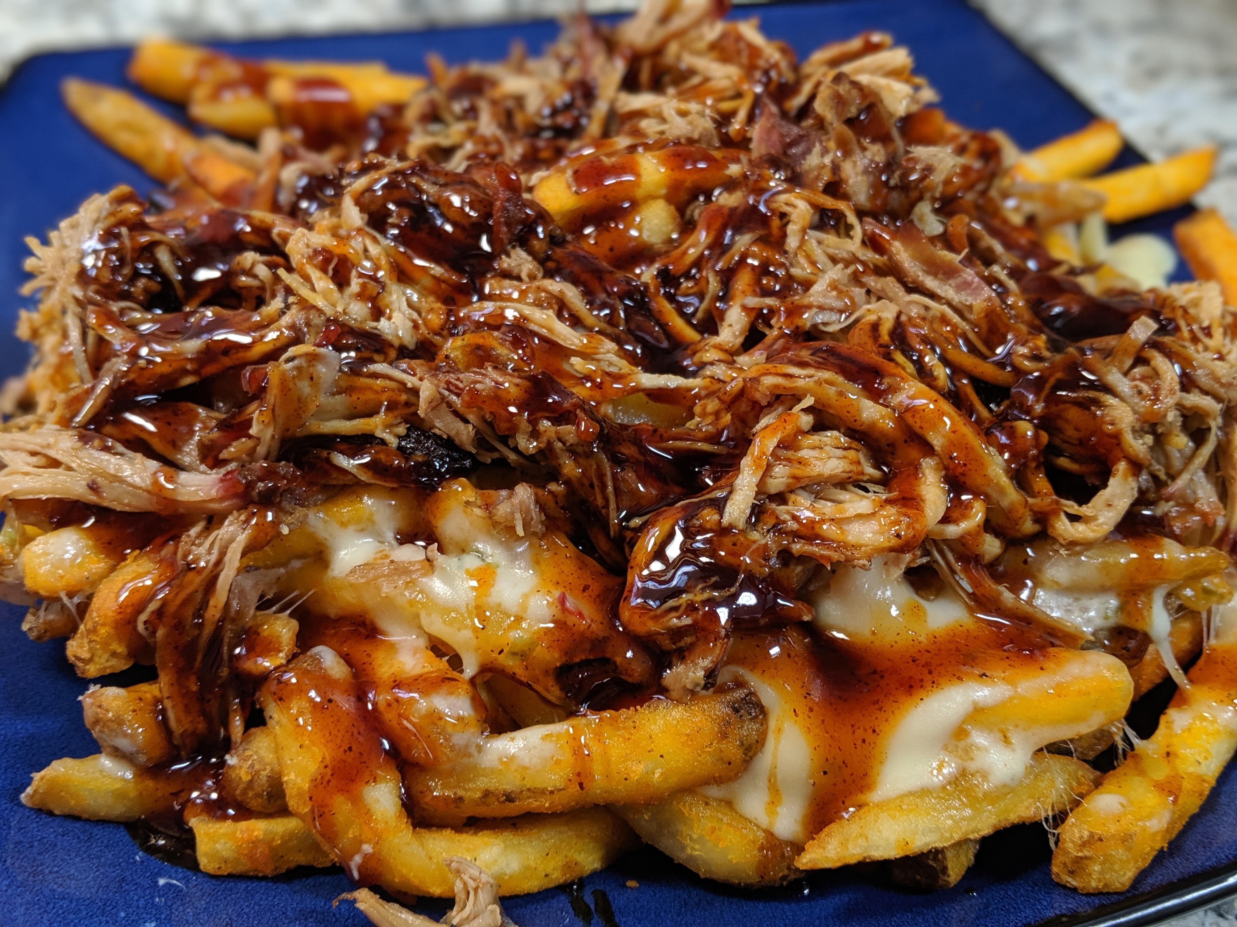 [OC] Pulled Pork Fries Seasoned Fries, Pepper Jack, Pulled Pork, BBQ