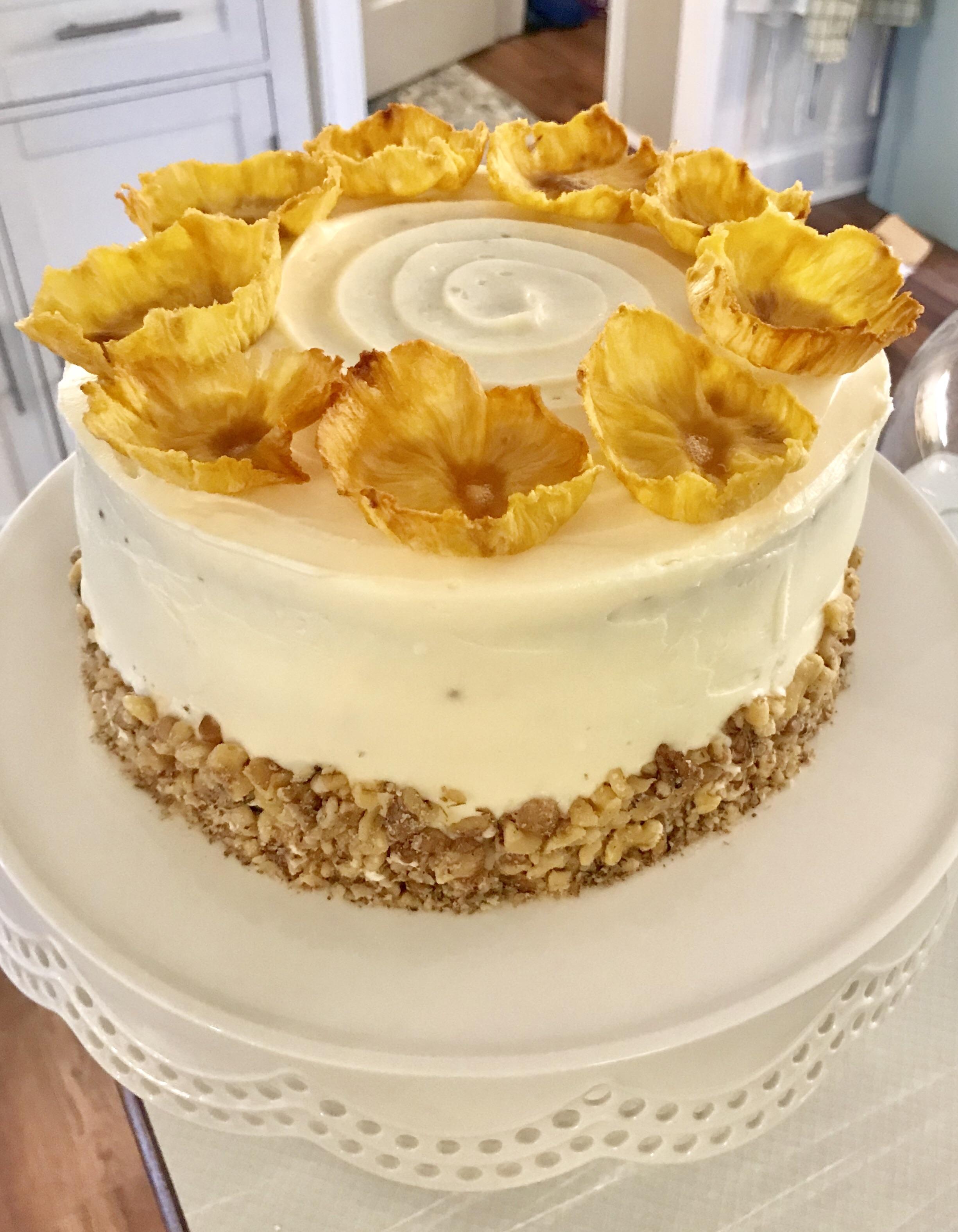 Carrot cake with dehydrated pineapple flowers for decoration! First