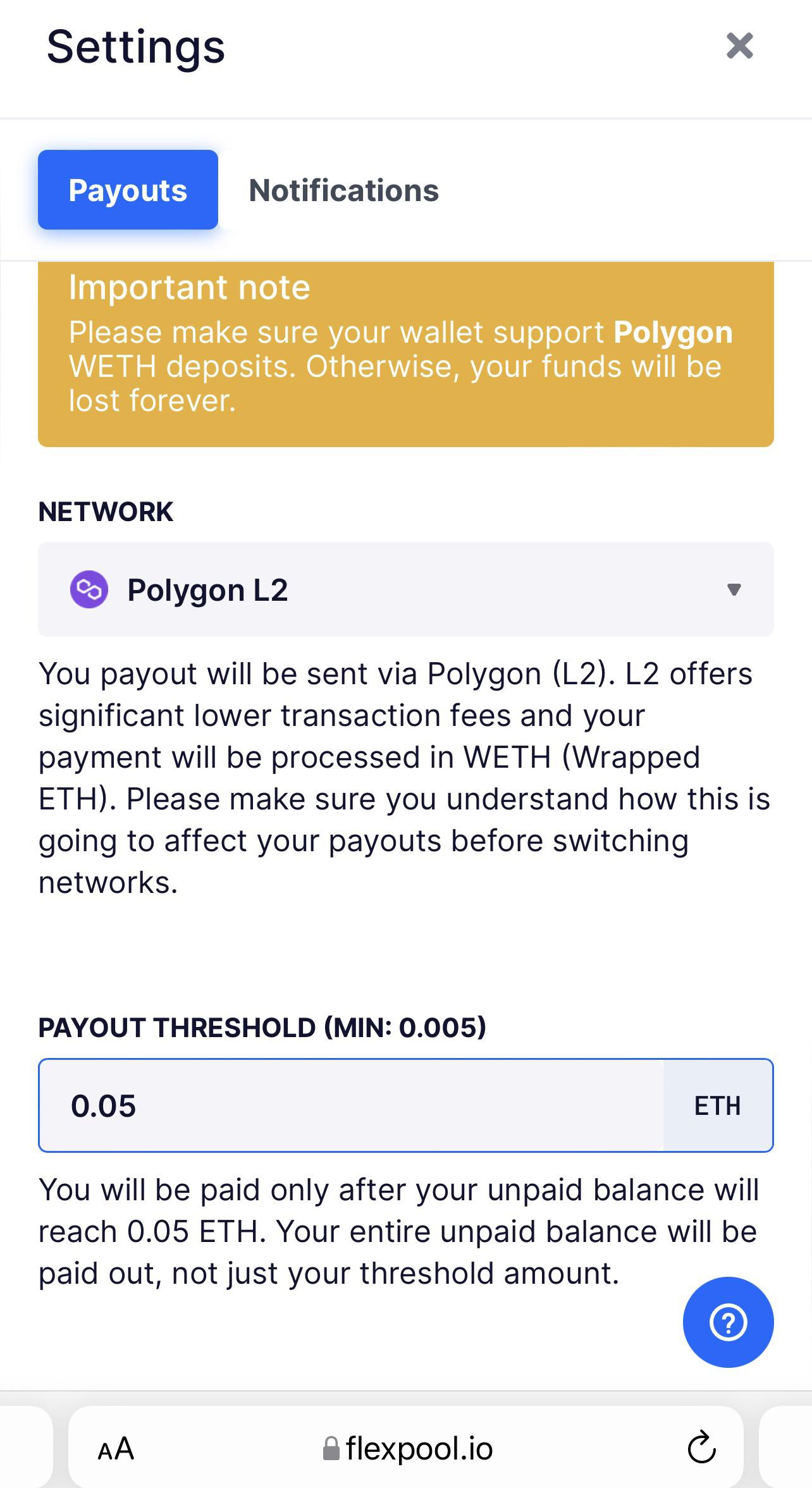 Can I choose Polygon L2 as payment method on flexpool with Exodus