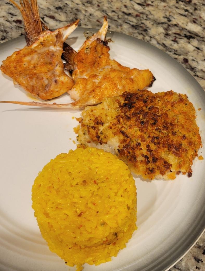 Parmesan Crusted Red Grouper With Grilled Red Snapper Throats. Food