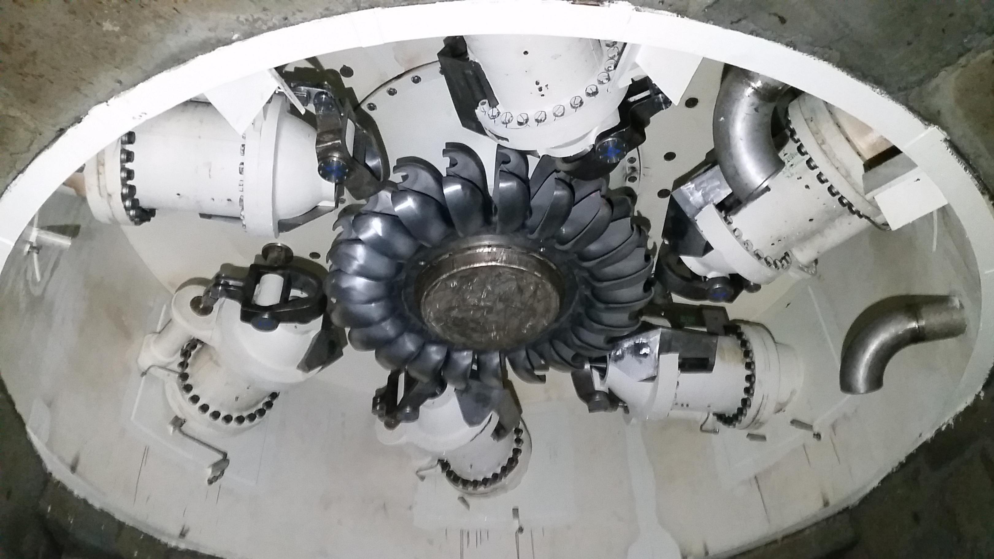 Business end of a pelton wheel turbine, run of the river power station