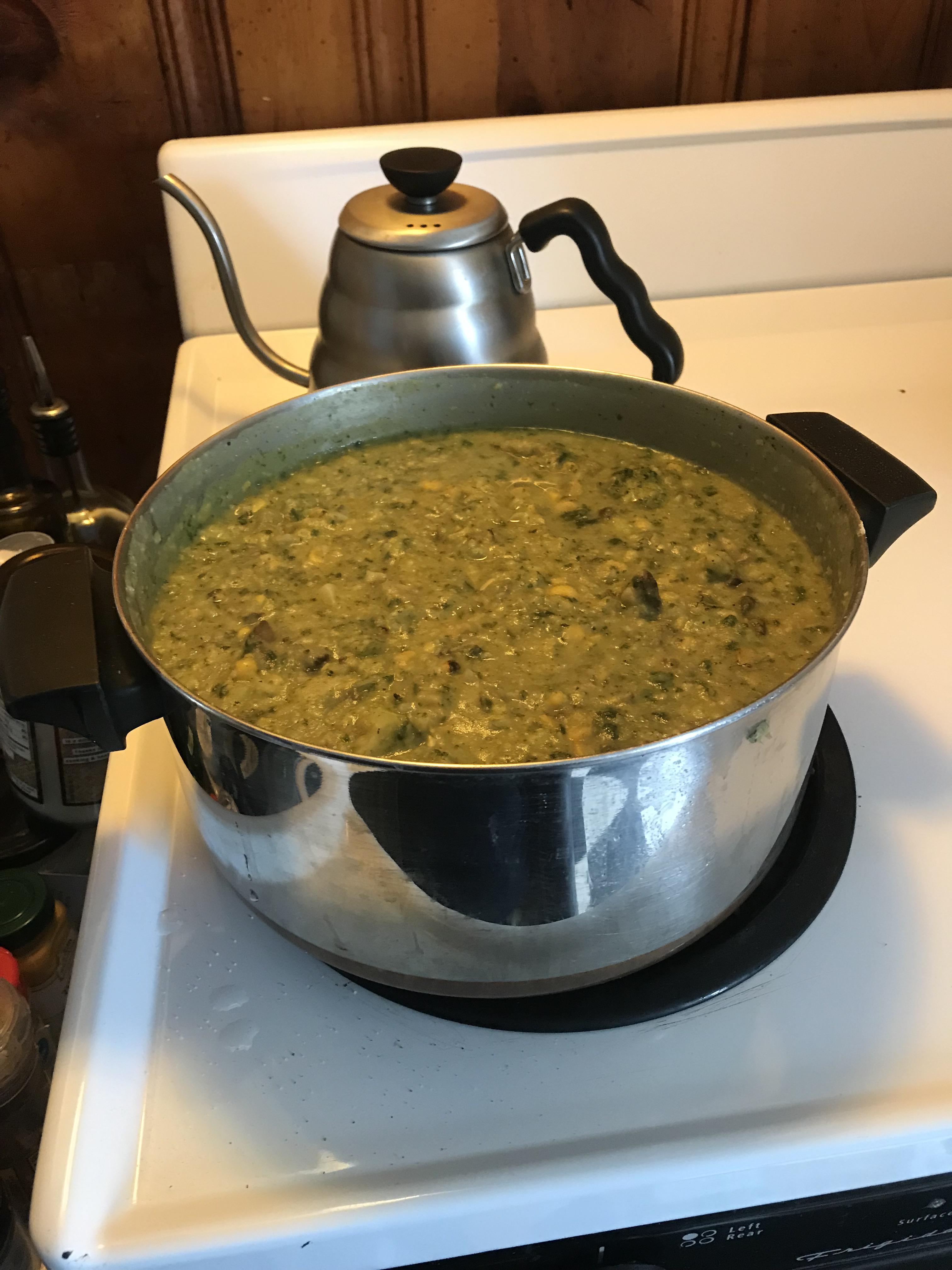 Big pot of delicious potato and roasted vegetable soup for this week