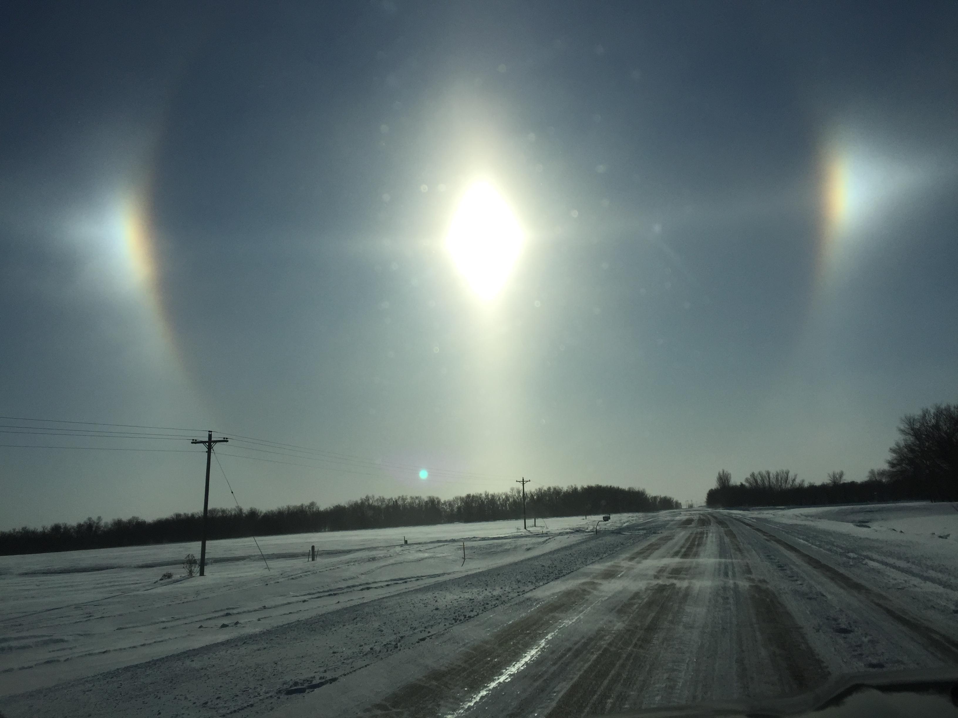Sundog in North Dakota. For for really cold air temperatures. The sun