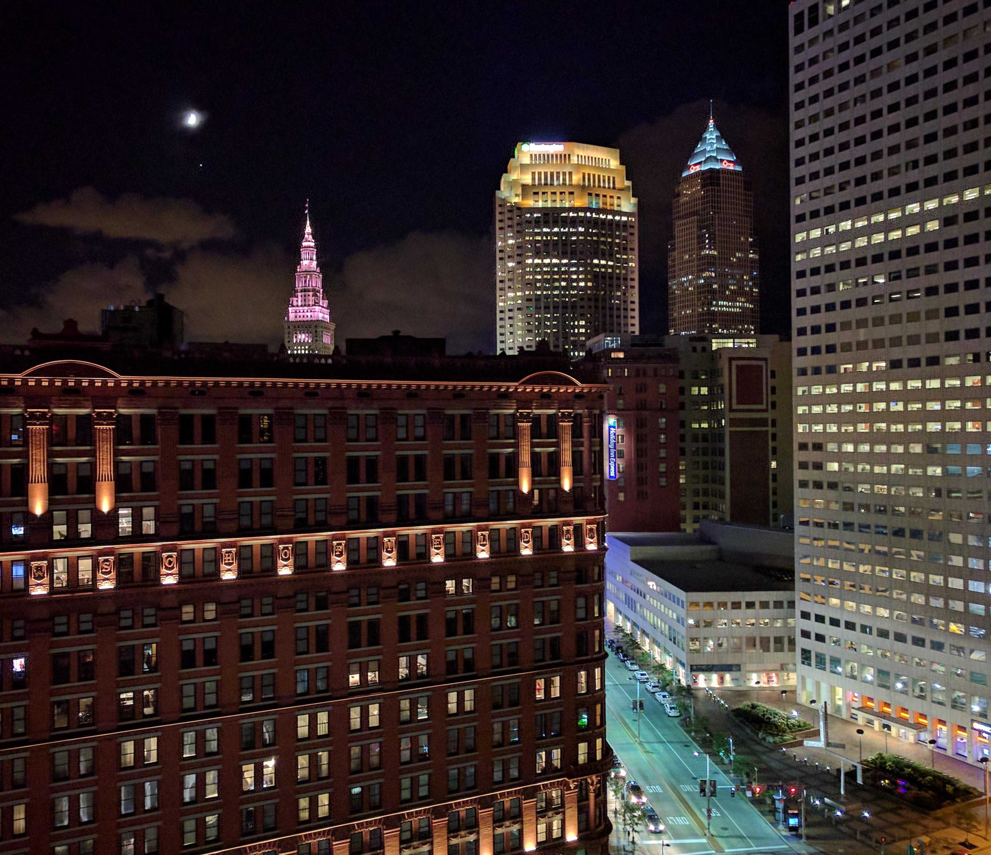 View of Cleveland at night from Azure rooftop lounge r/Cleveland