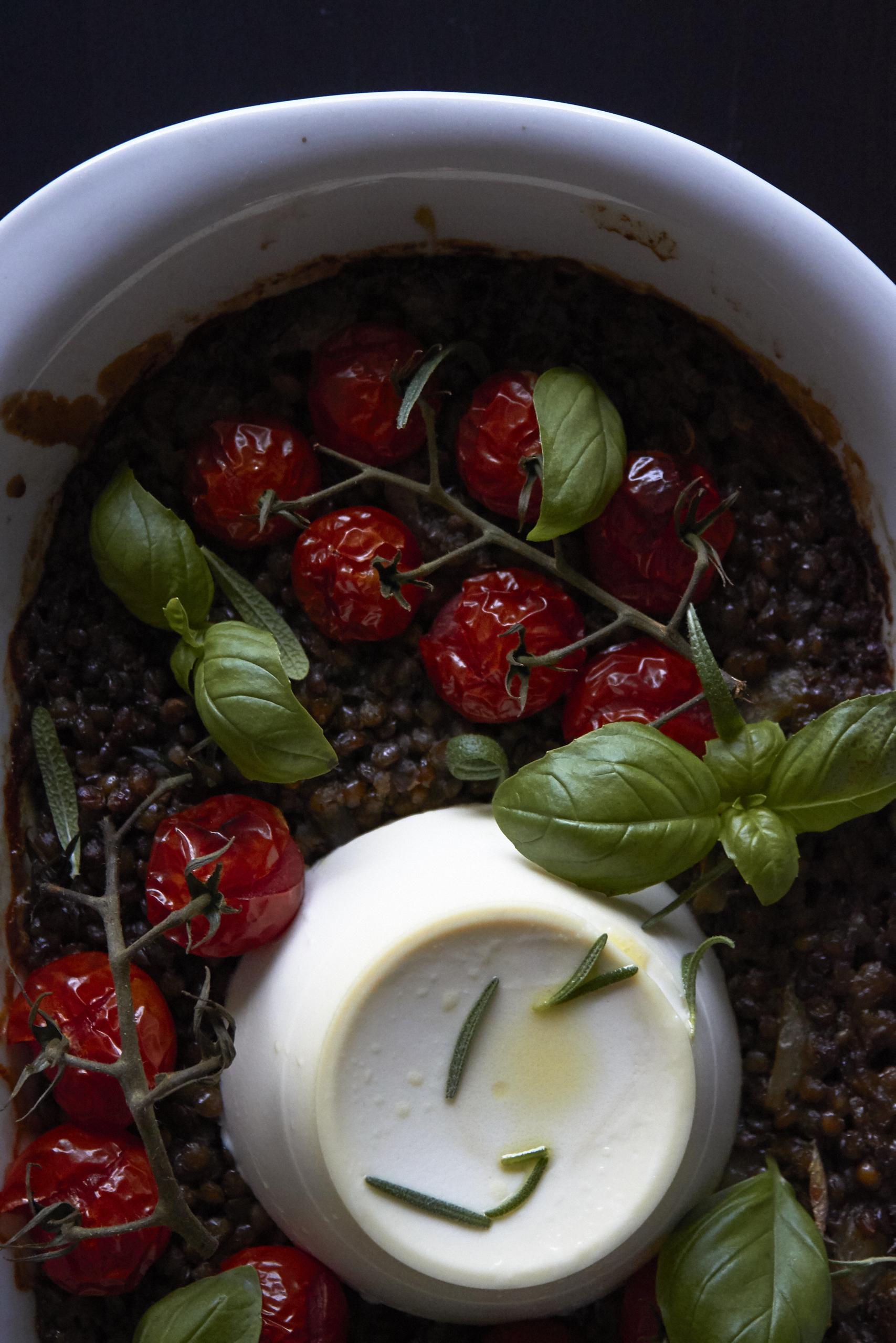 Baked ricotta with roasted tomatoes, lemony lentils, rosemary and basil