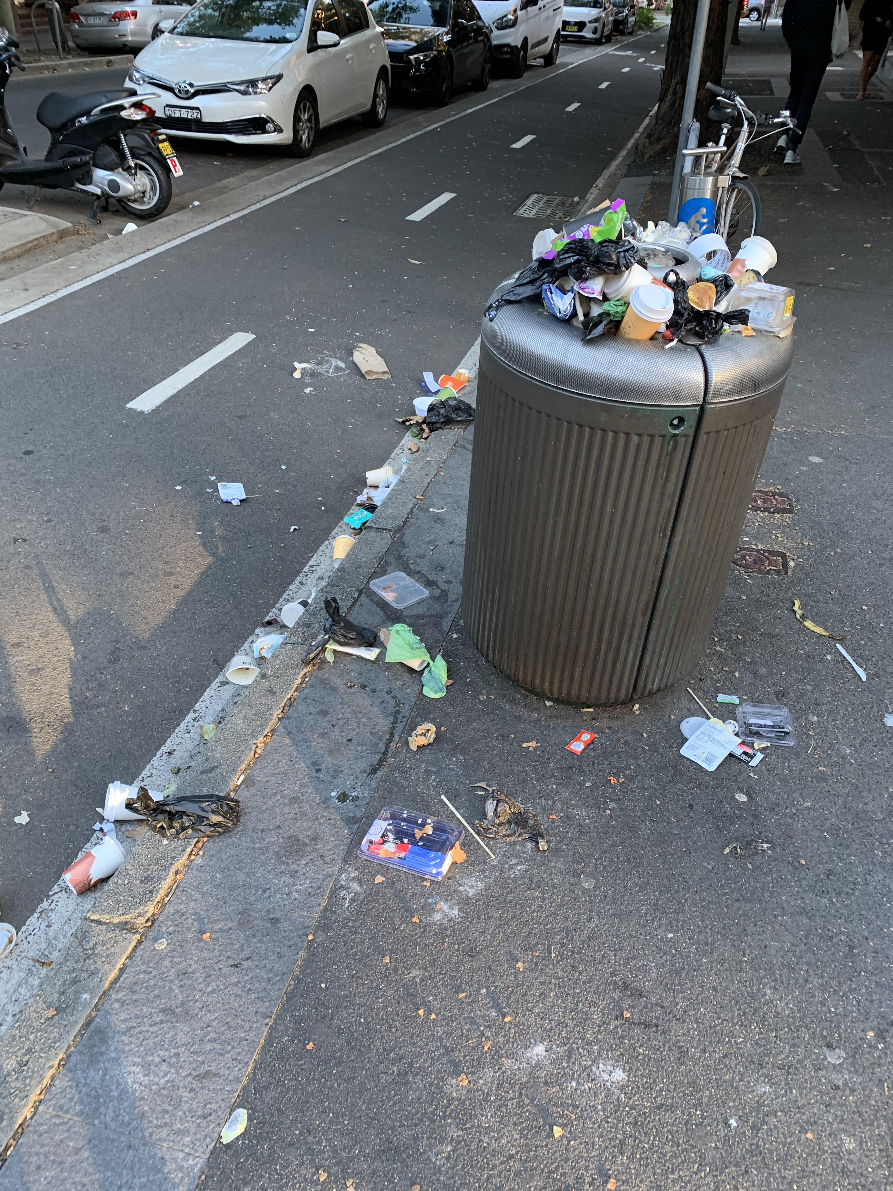 Burke Street Surry Hills, every rubbish bins are overflowing. More