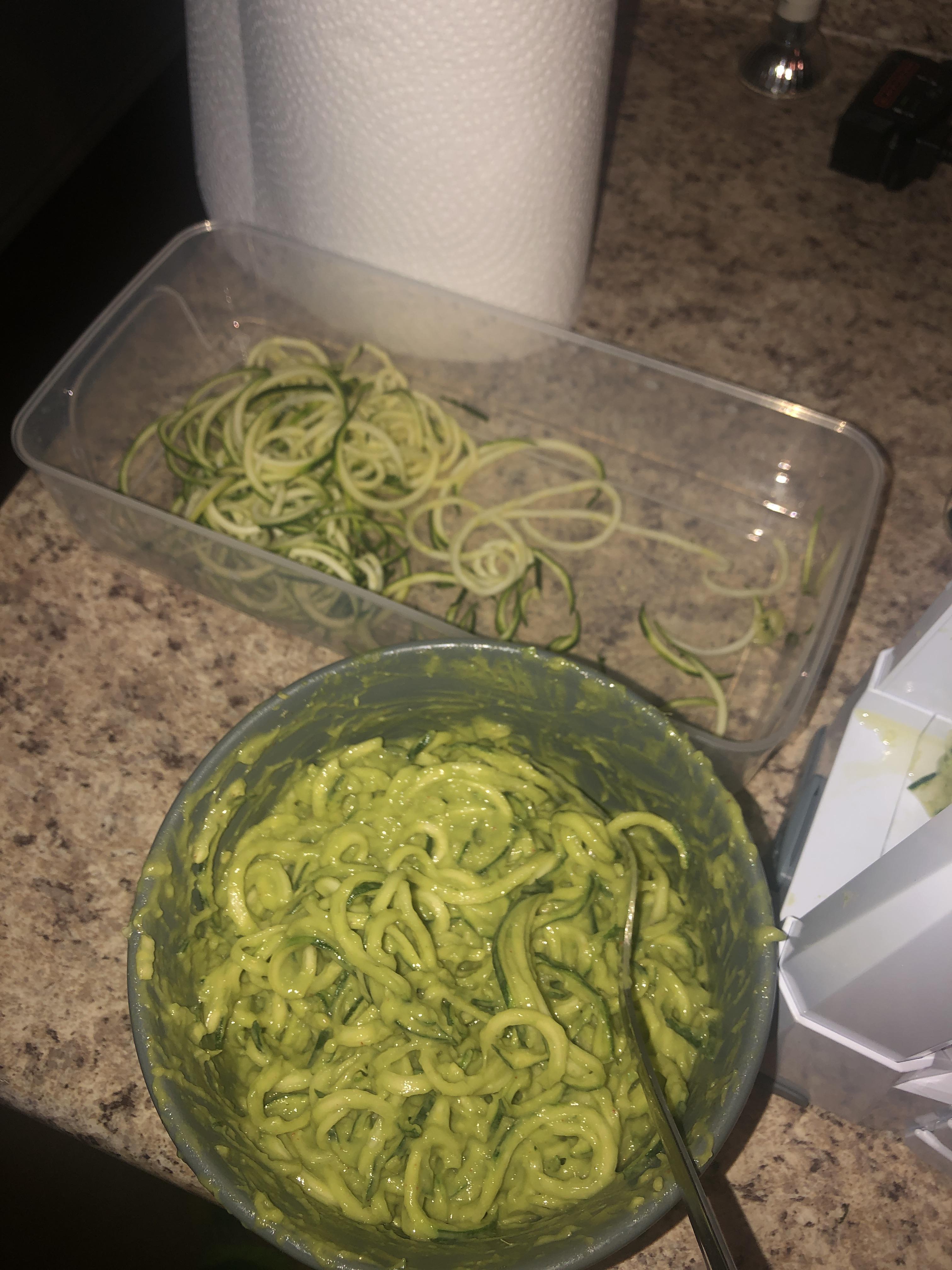 First raw vegan meal! Zucchini noodles, with glorified guacamole as