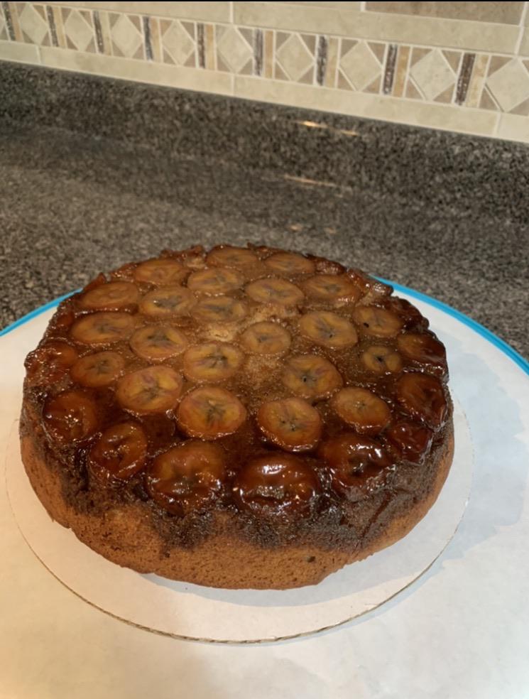 Cast iron banana cardamom upside down cake. First time with an old King Arthur Flour recipe