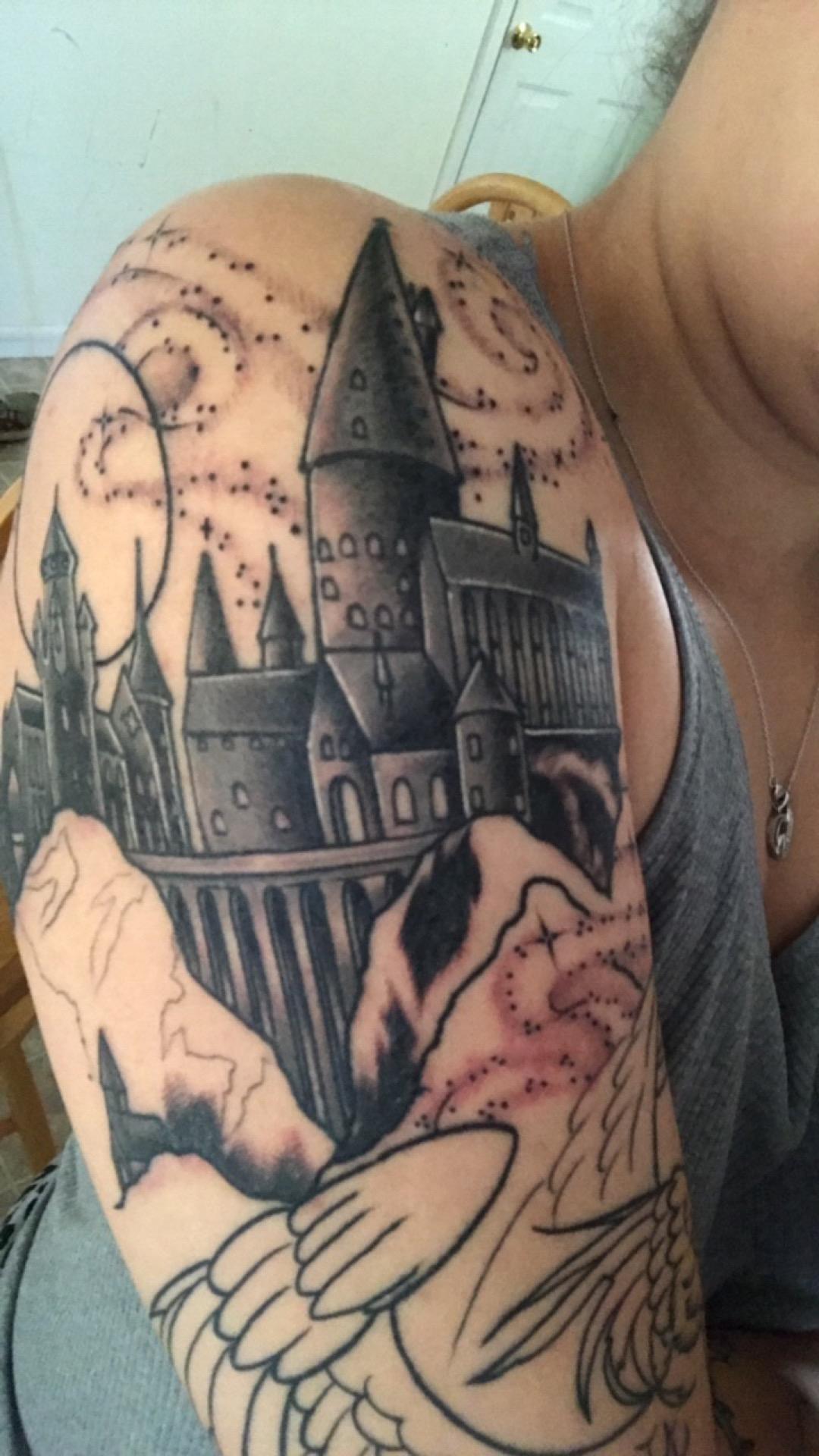 Hogwarts done by Katy Raymon Iron Age Studios in St. Louis,MO tattoos