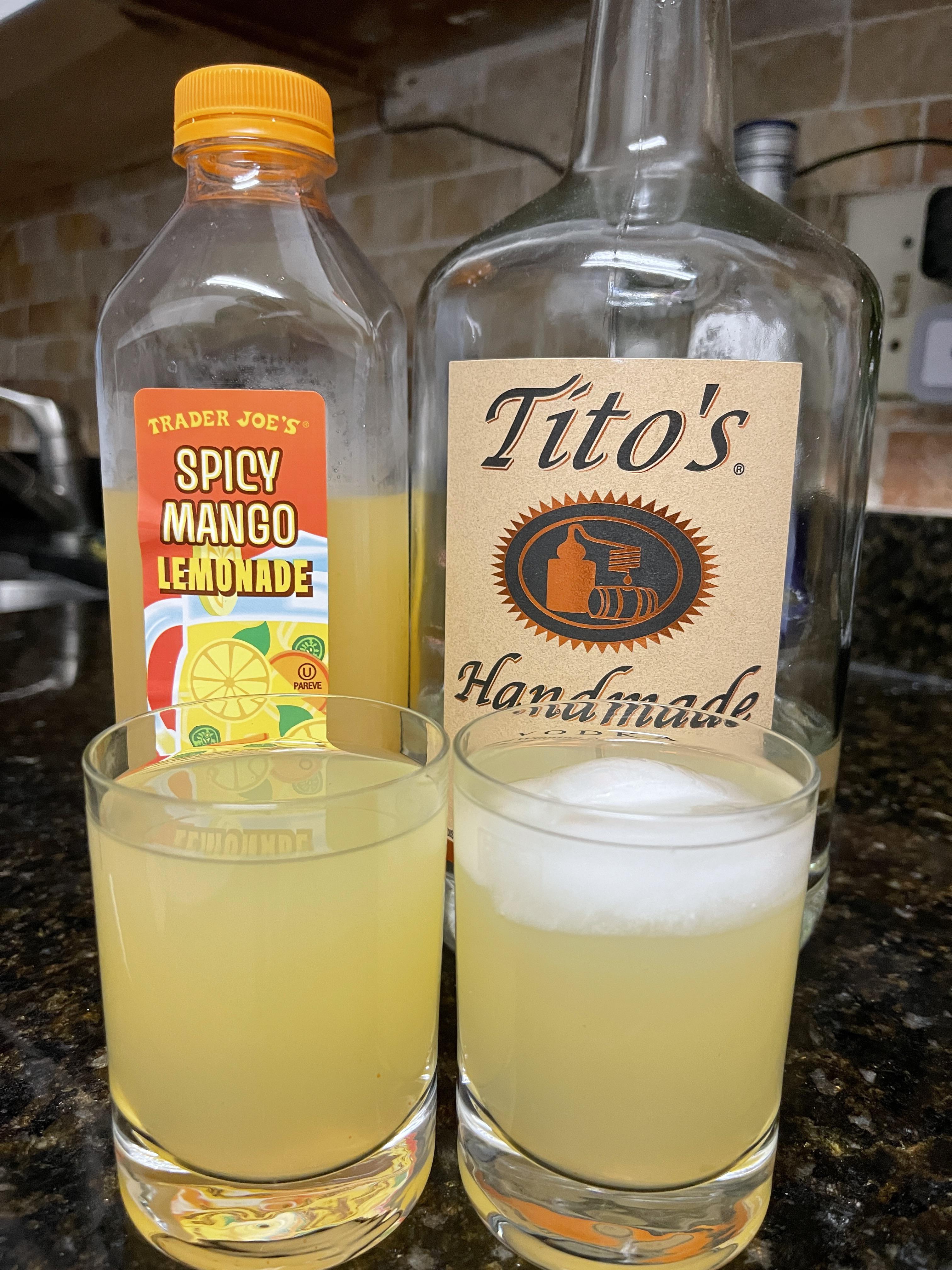 New favorite drink....Spicy mango lemonade & Tito’s r/traderjoes