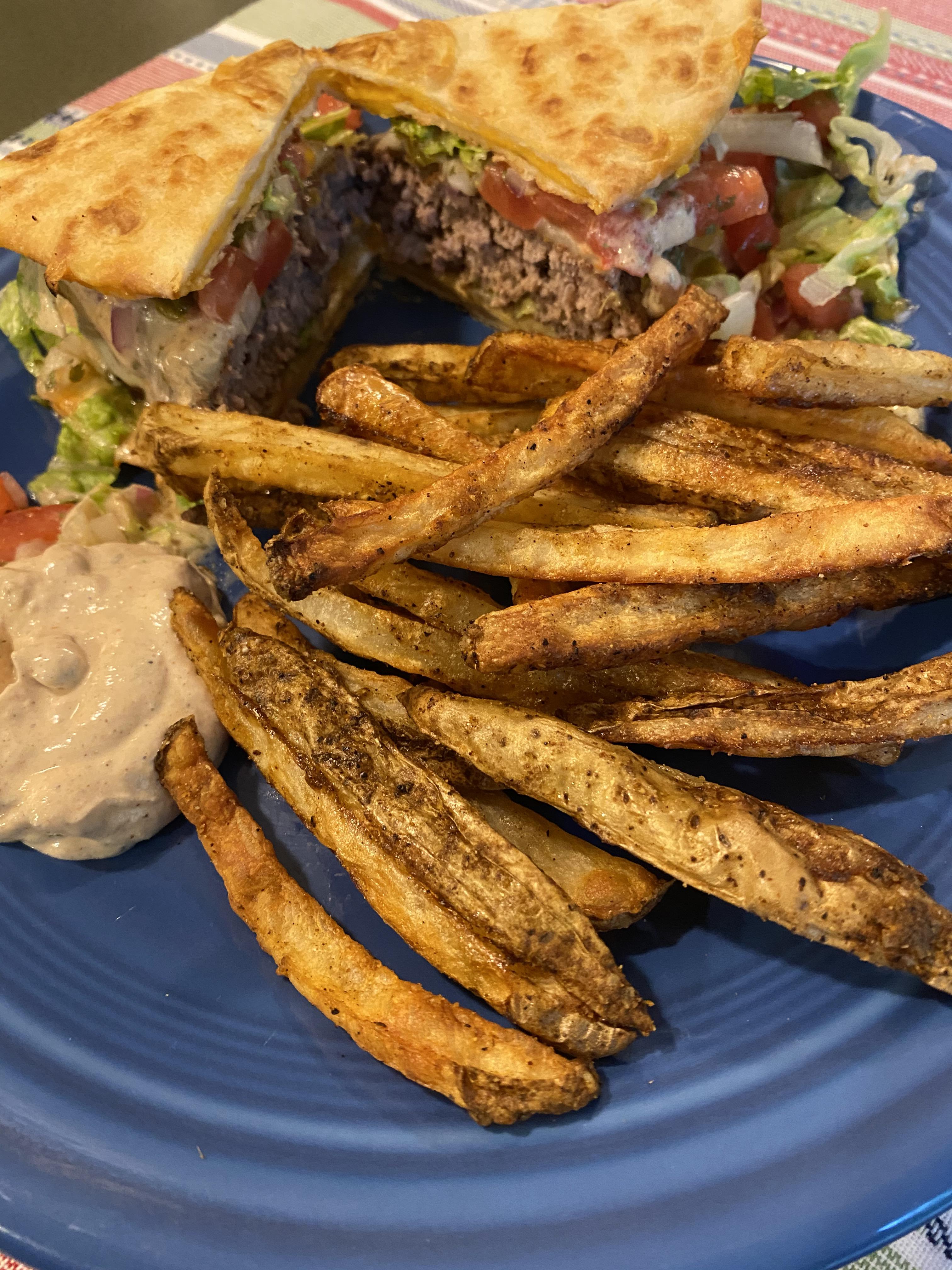 Grilled Quesadilla Burger with handcut Mexican Street Fries