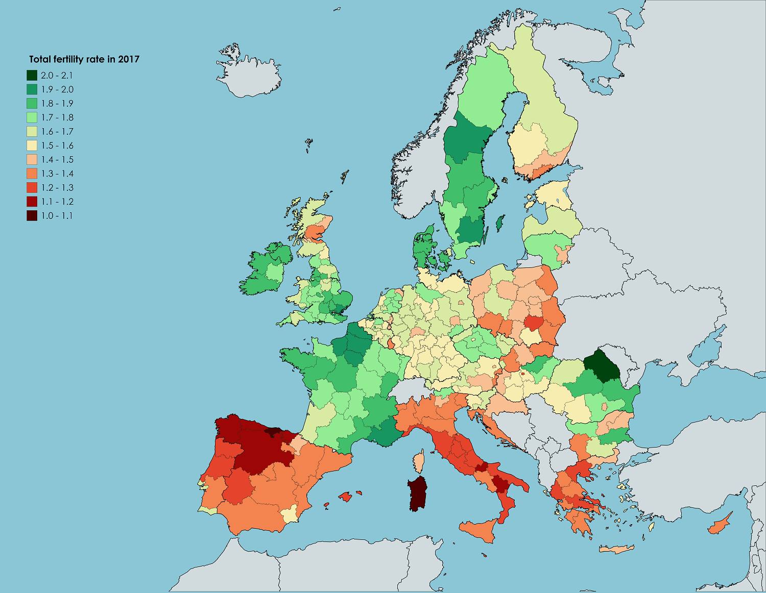 Fertility rates of EU regions in 2017 r/europe
