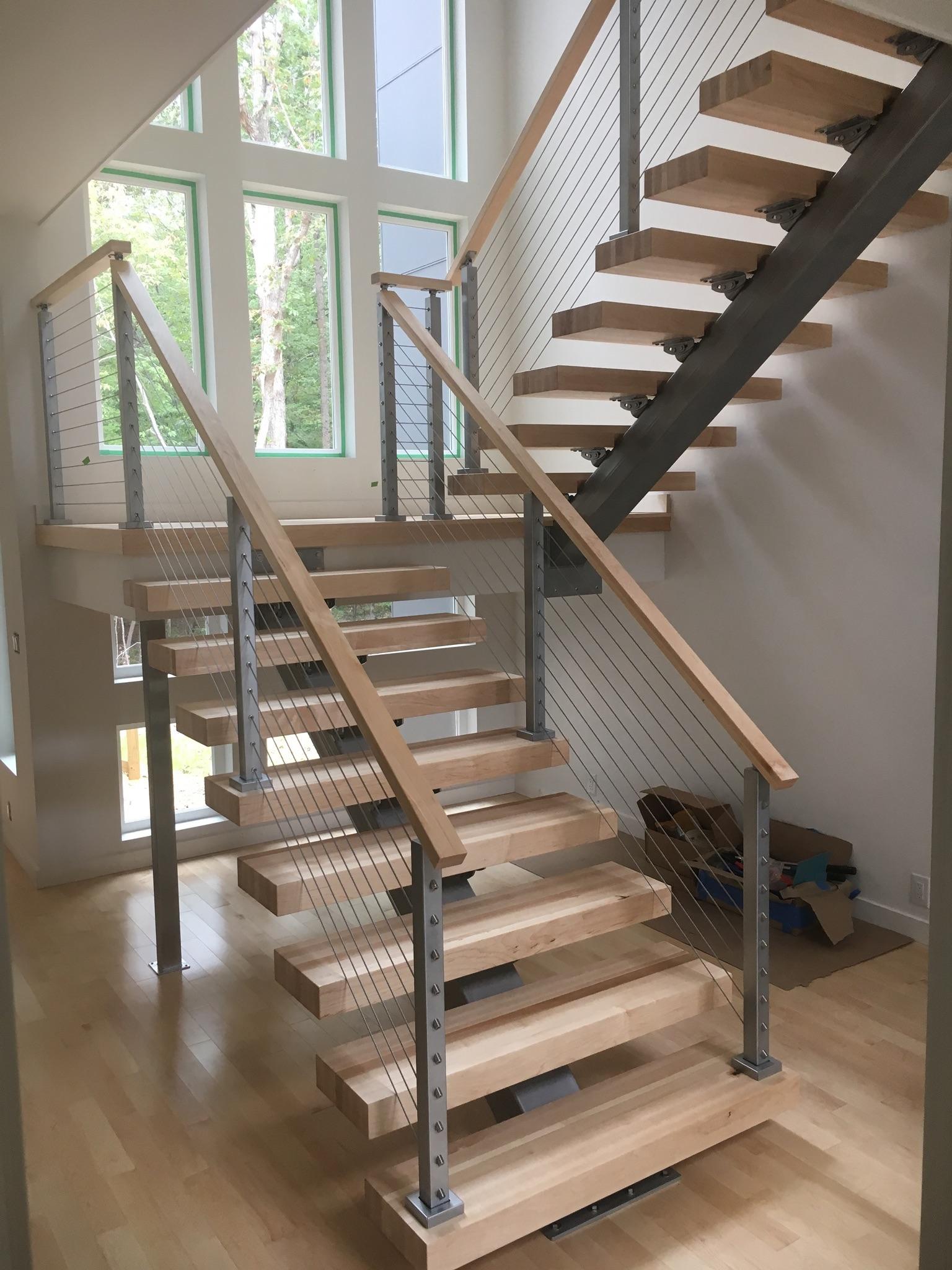 Mono stringer we stair with 3” solid maple treads and cable railing system. r/woodworking