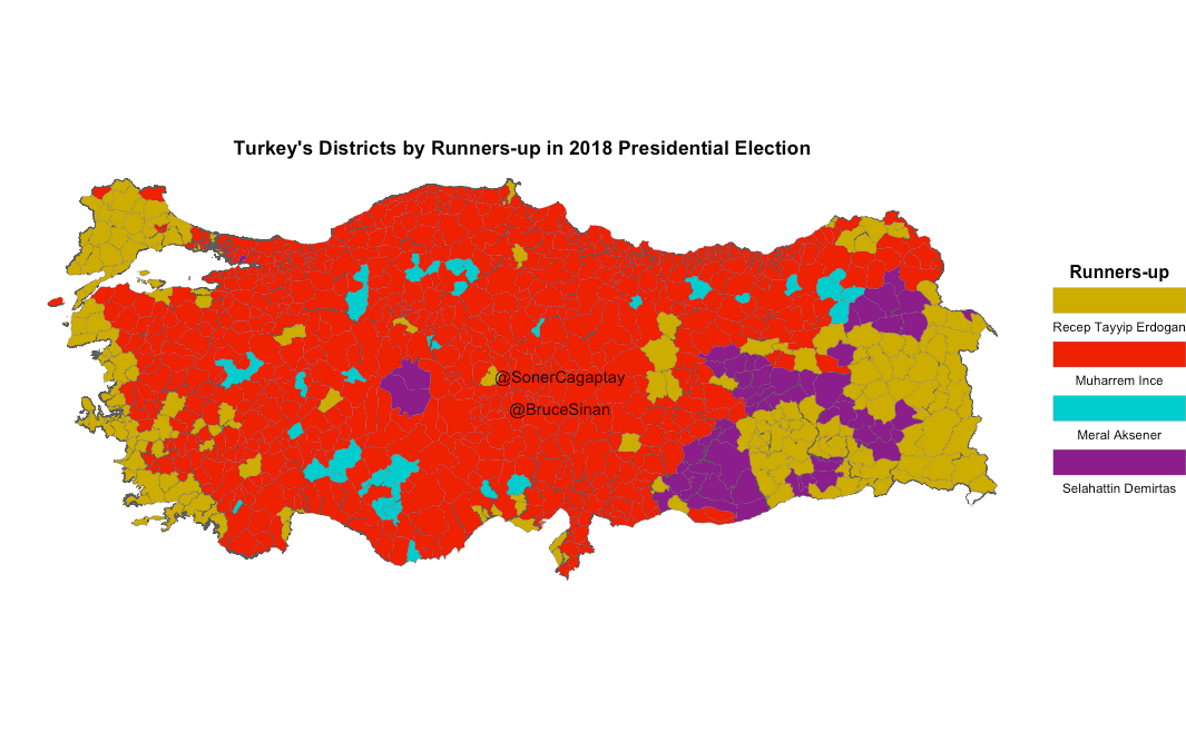 Turkey's Districts by Runnerups in 2018 Presidential Election MapPorn