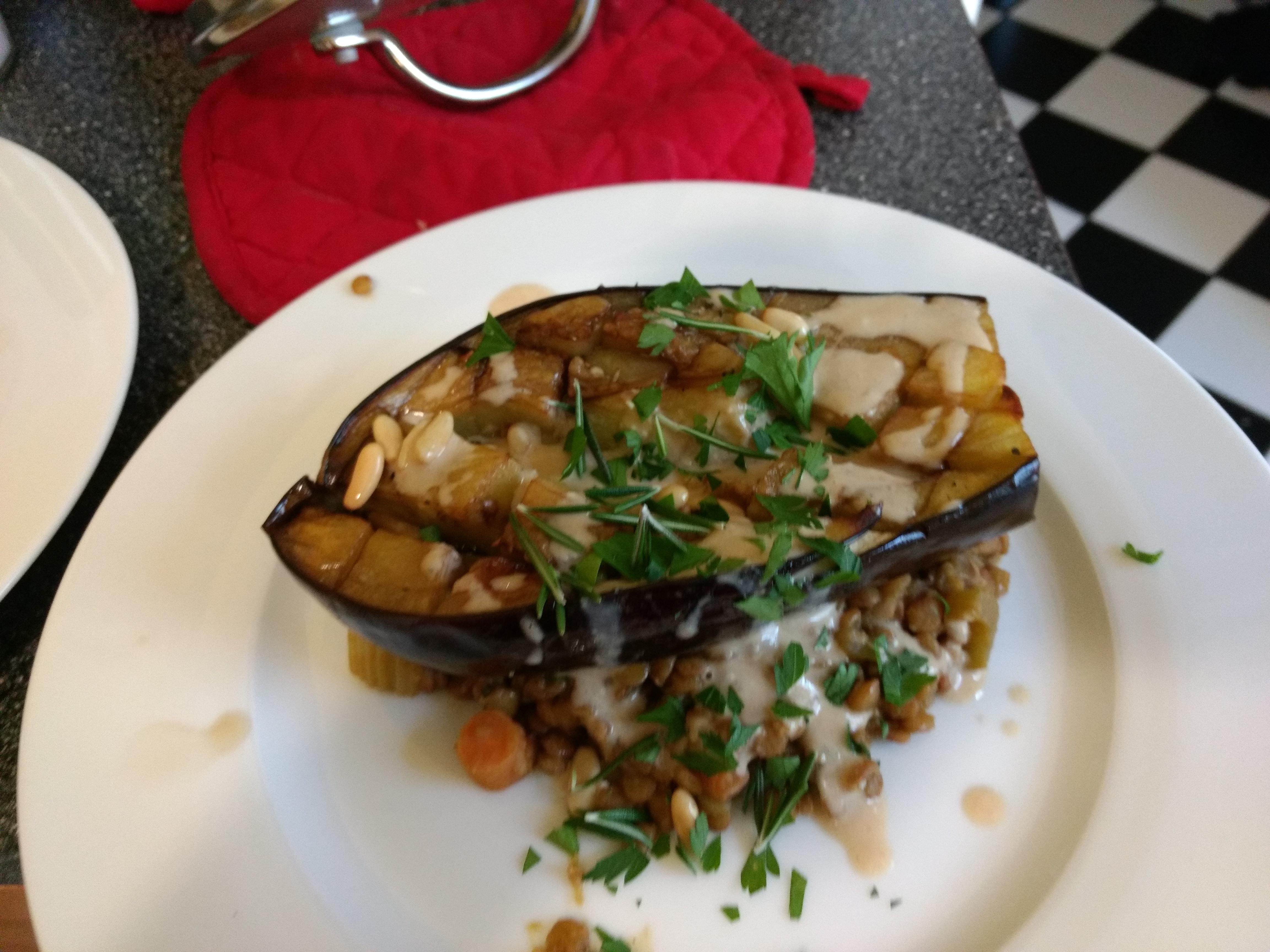 Made Kenji's roasted eggplant with tahini, pine nuts, and lentils. r