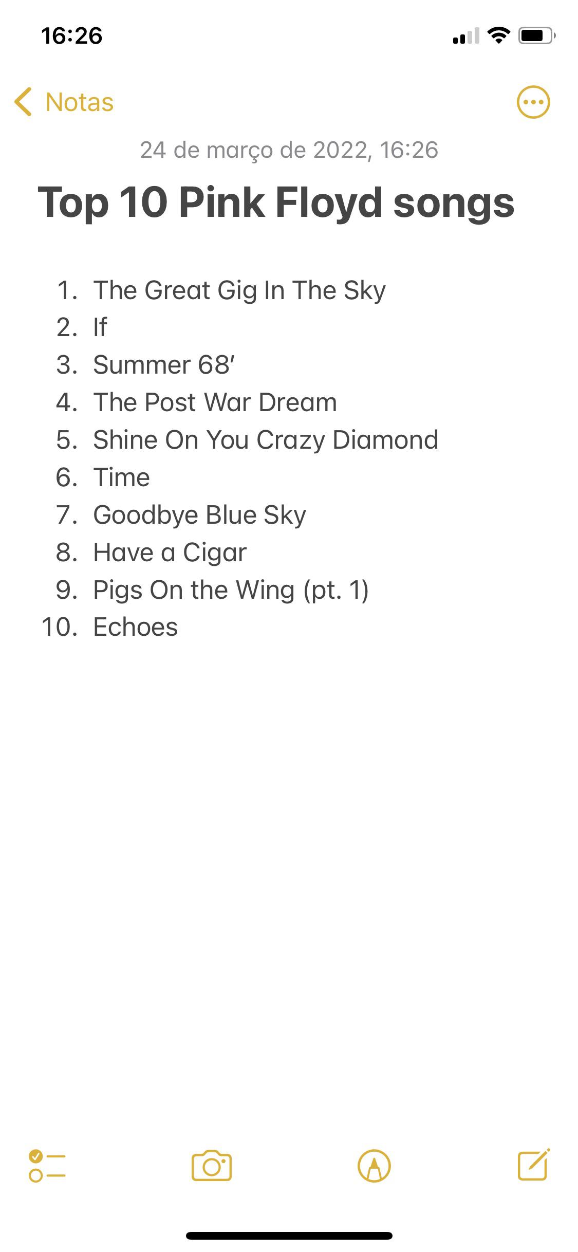 Saw someone doing it… judge me based on my top 10 Pink Floyd songs r