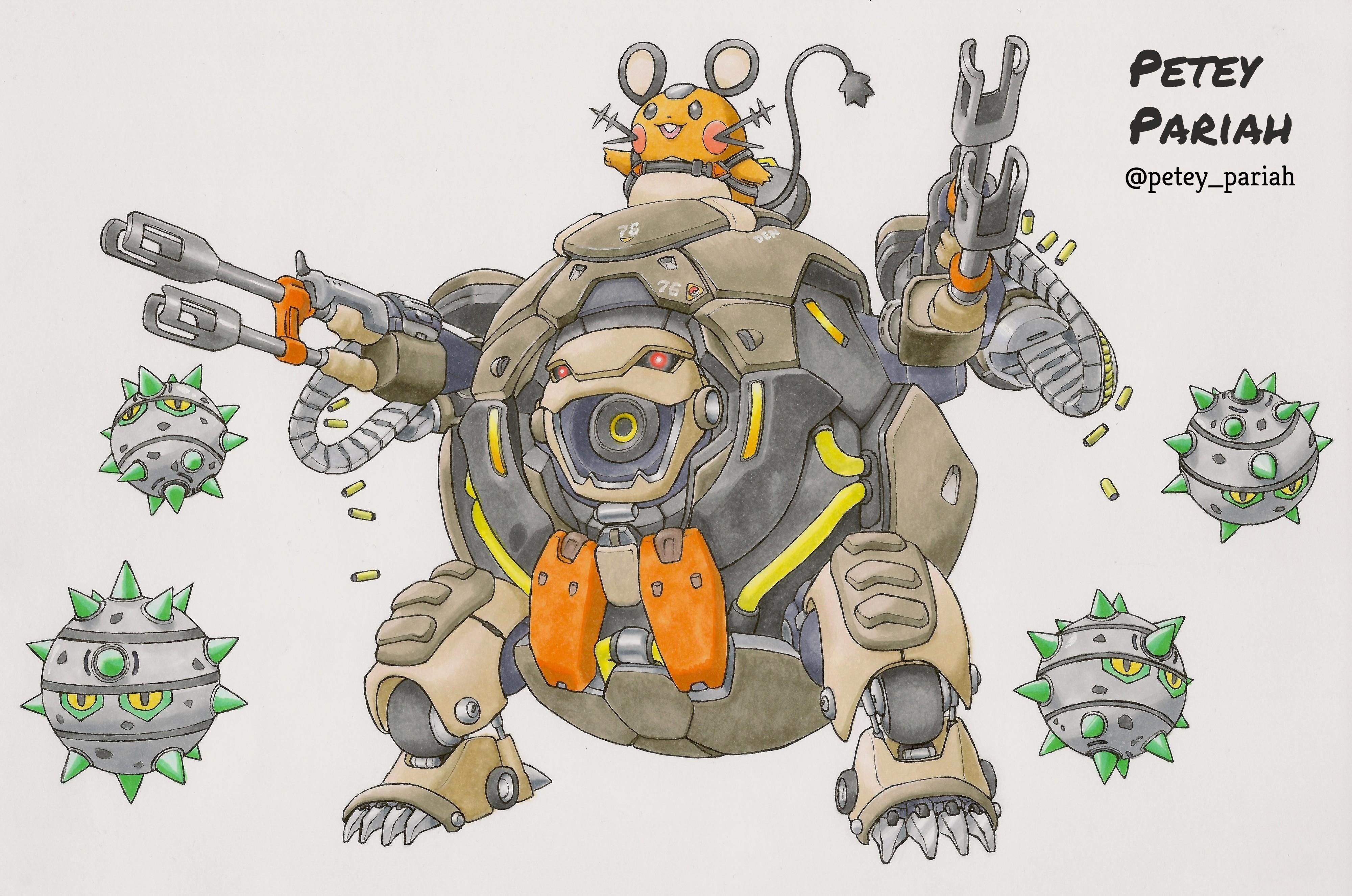 Mashup of Dedenne and Golem with Wrecking Ball from Overwatch. Drawn
