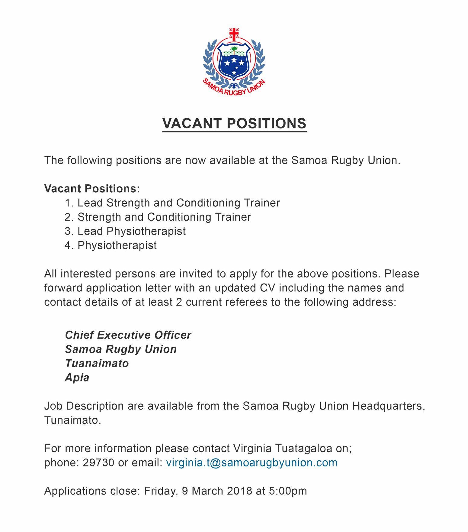 Job Openings at the Samoa Rugby Union r/rugbyunion