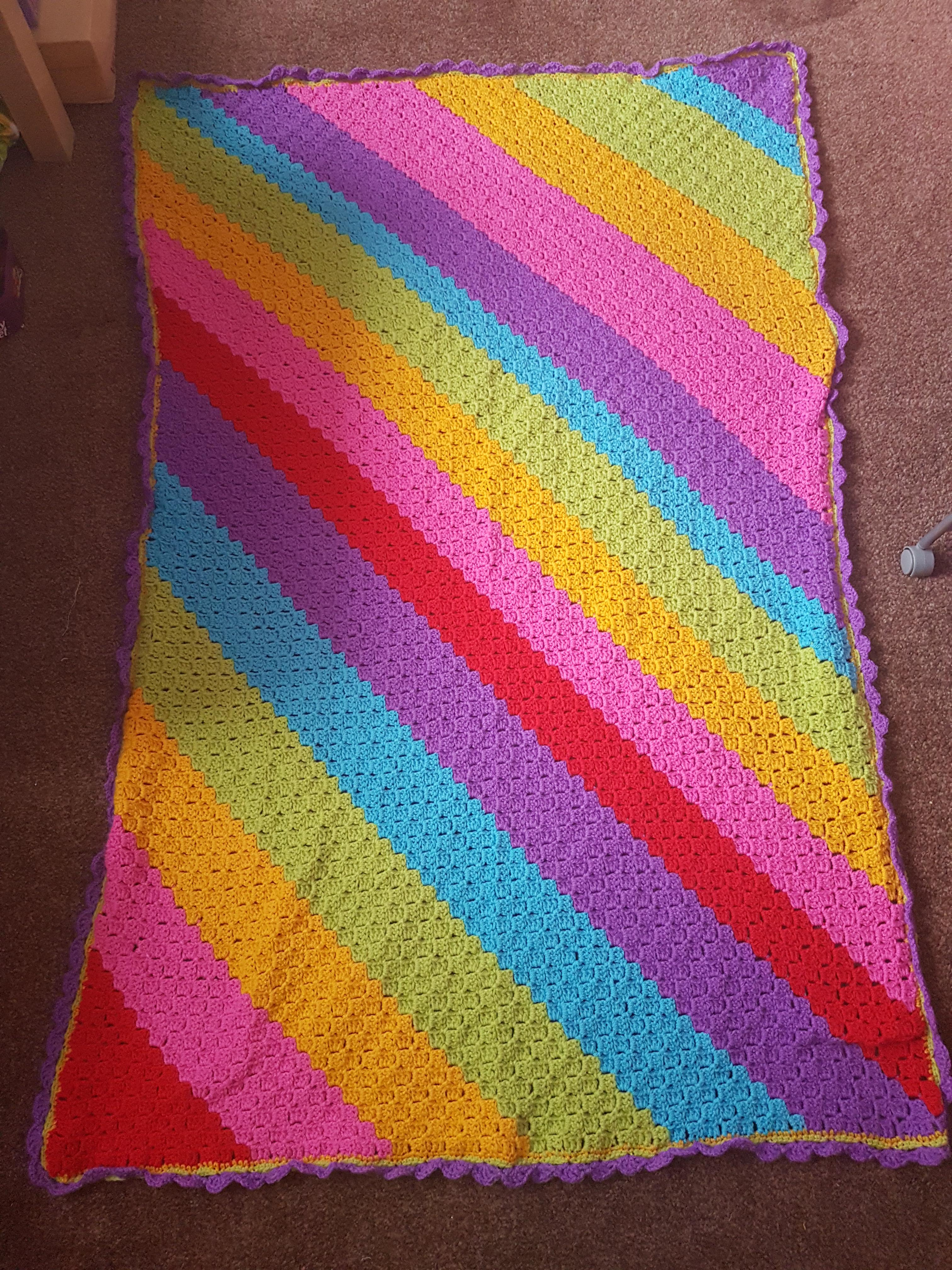 C2C rainbow blanket. Needs blocking. r/crochet