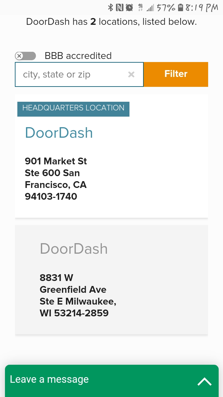 Doordash Headquarters Locations, I found it on BBB website r/doordash