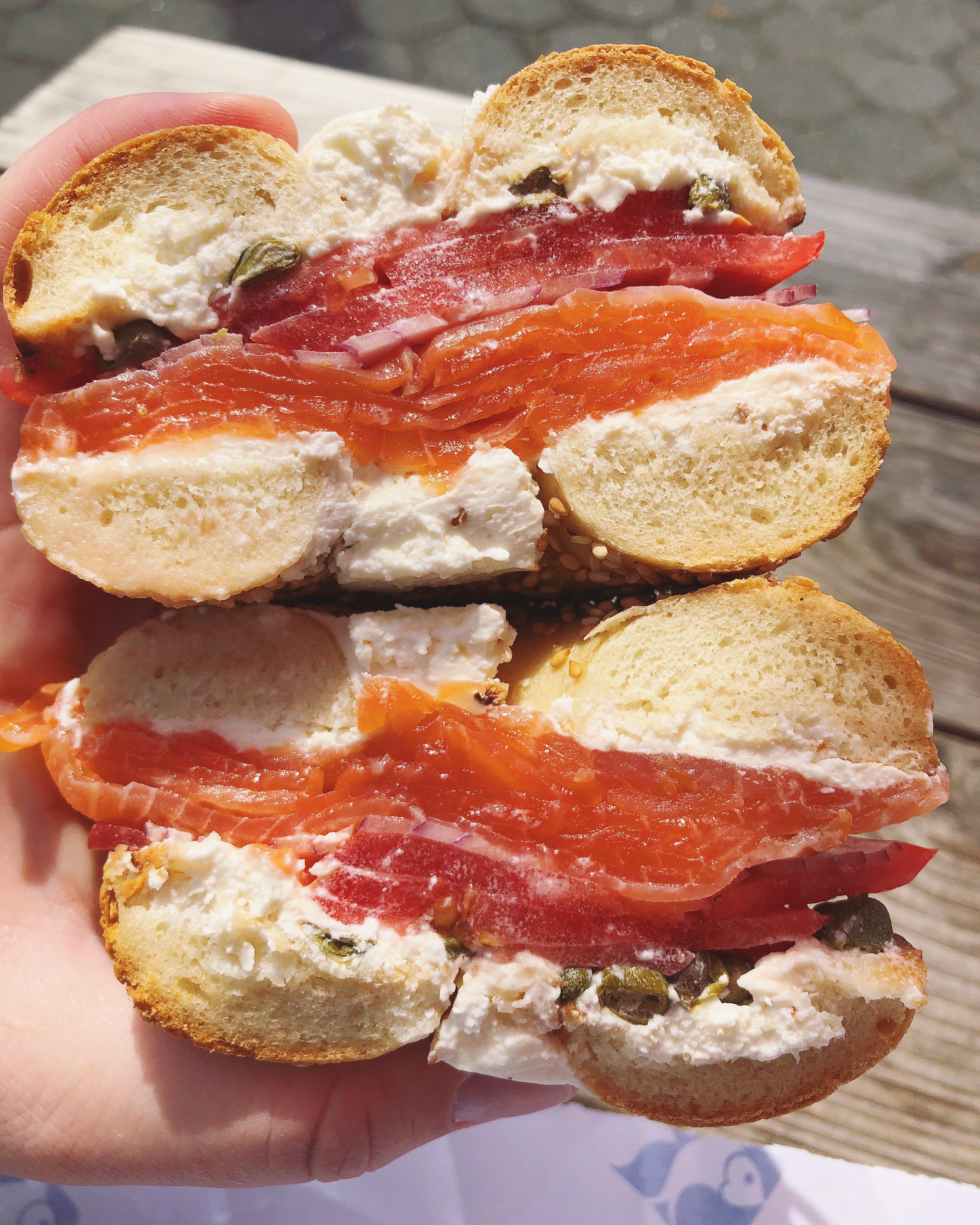 Bagel with lox and scallion cream cheese, Russ & Daughters, NYC r