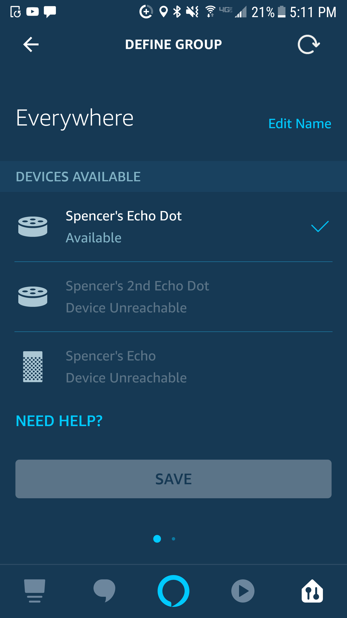 Can't connect one echo dot to others for multi room setup. alexa