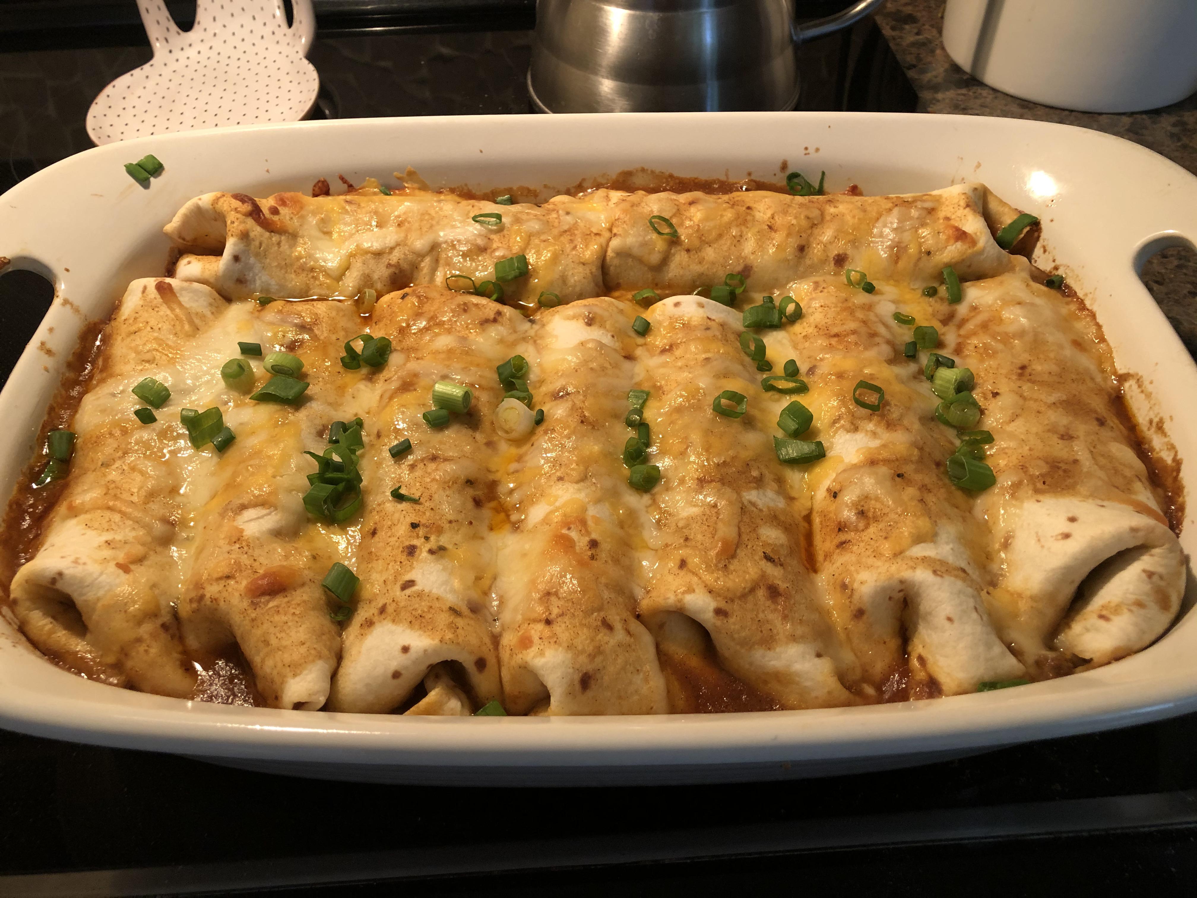 [homemade] ground beef enchiladas with red sauce. r/food