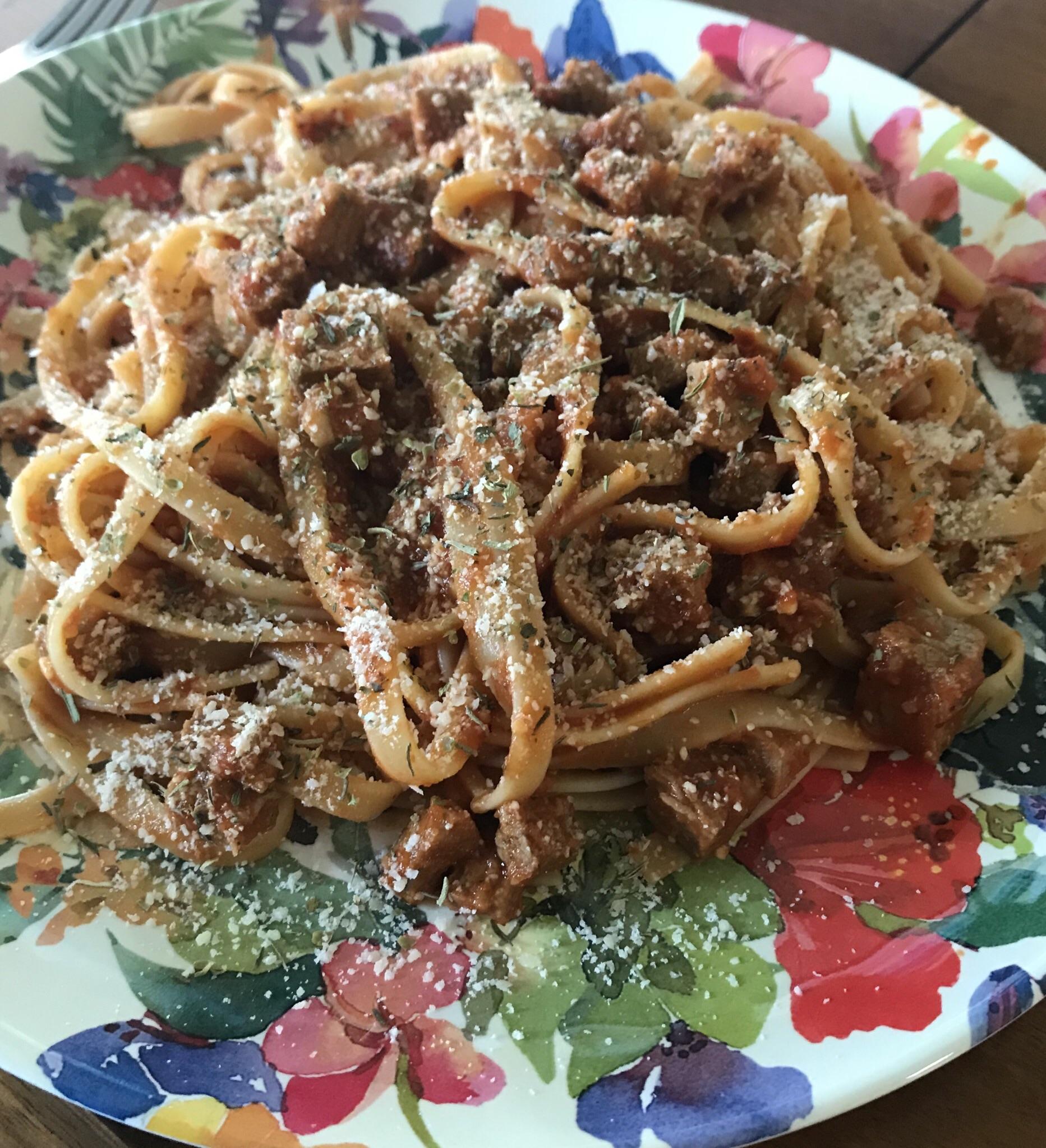 Fettuccine w/steak marinara sauce [Homemade] r/food