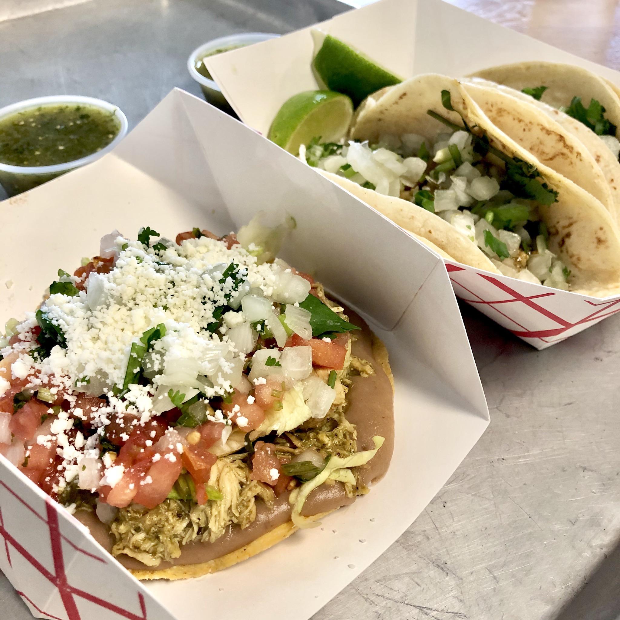 Green salsa chicken tostada and green salsa chicharrón tacos with tomatillo salsa. r/FoodPorn