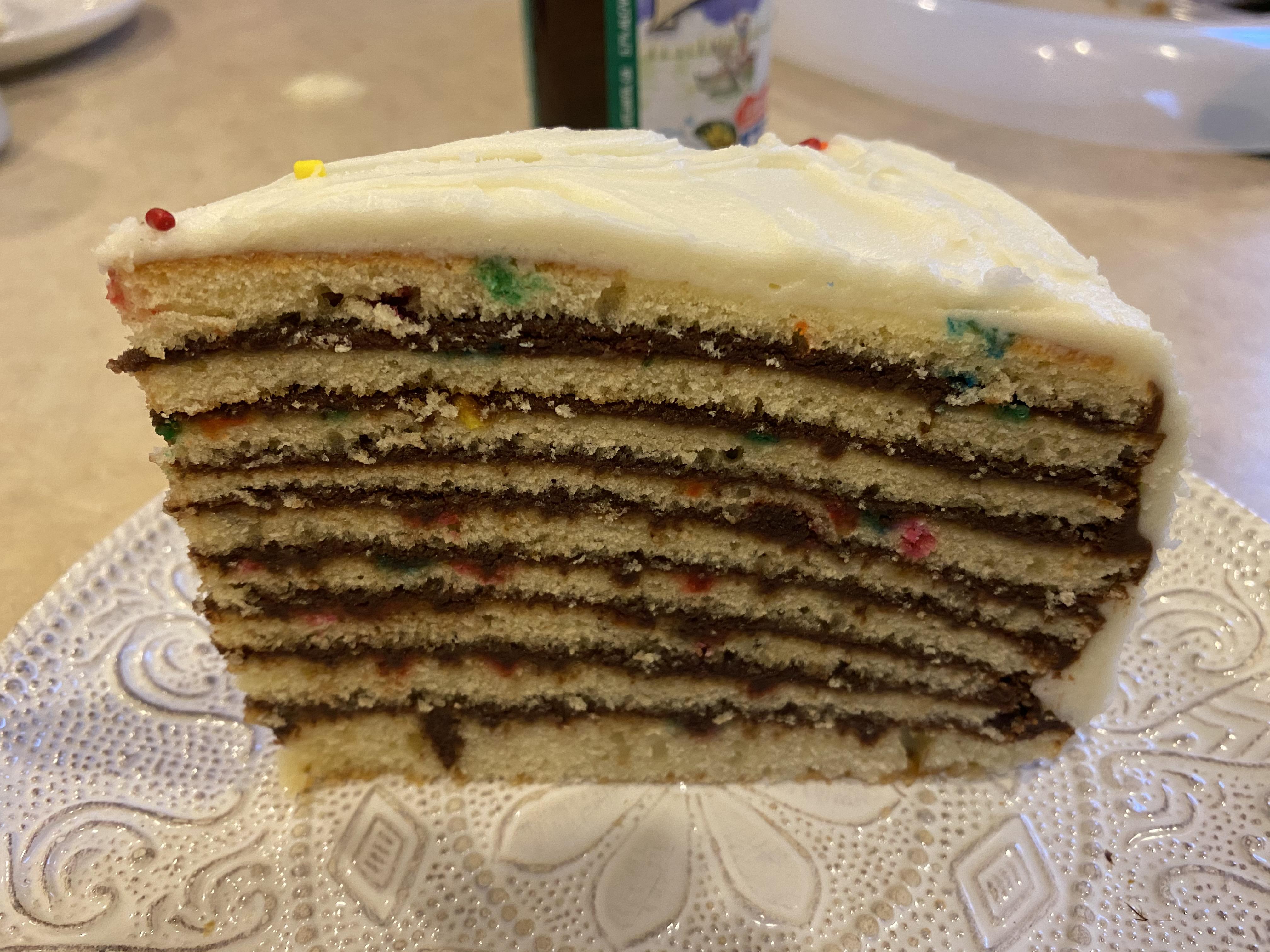 The gluten free funfetti Smith Island cake my Motherinlaw made for me