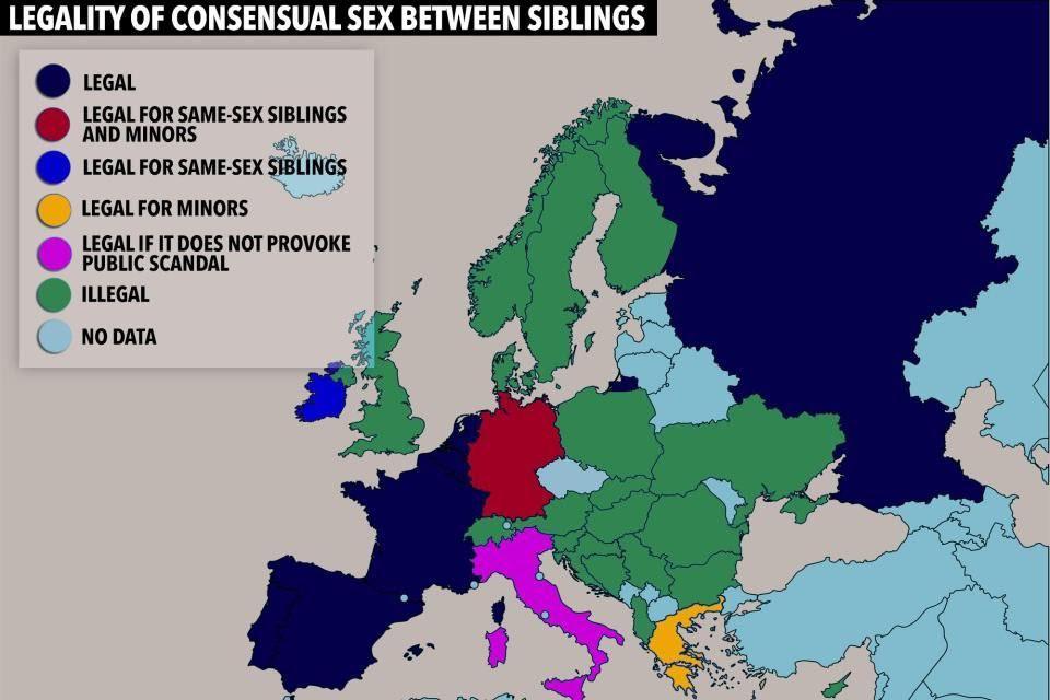 Map showing the legality of incest in Europe : europe