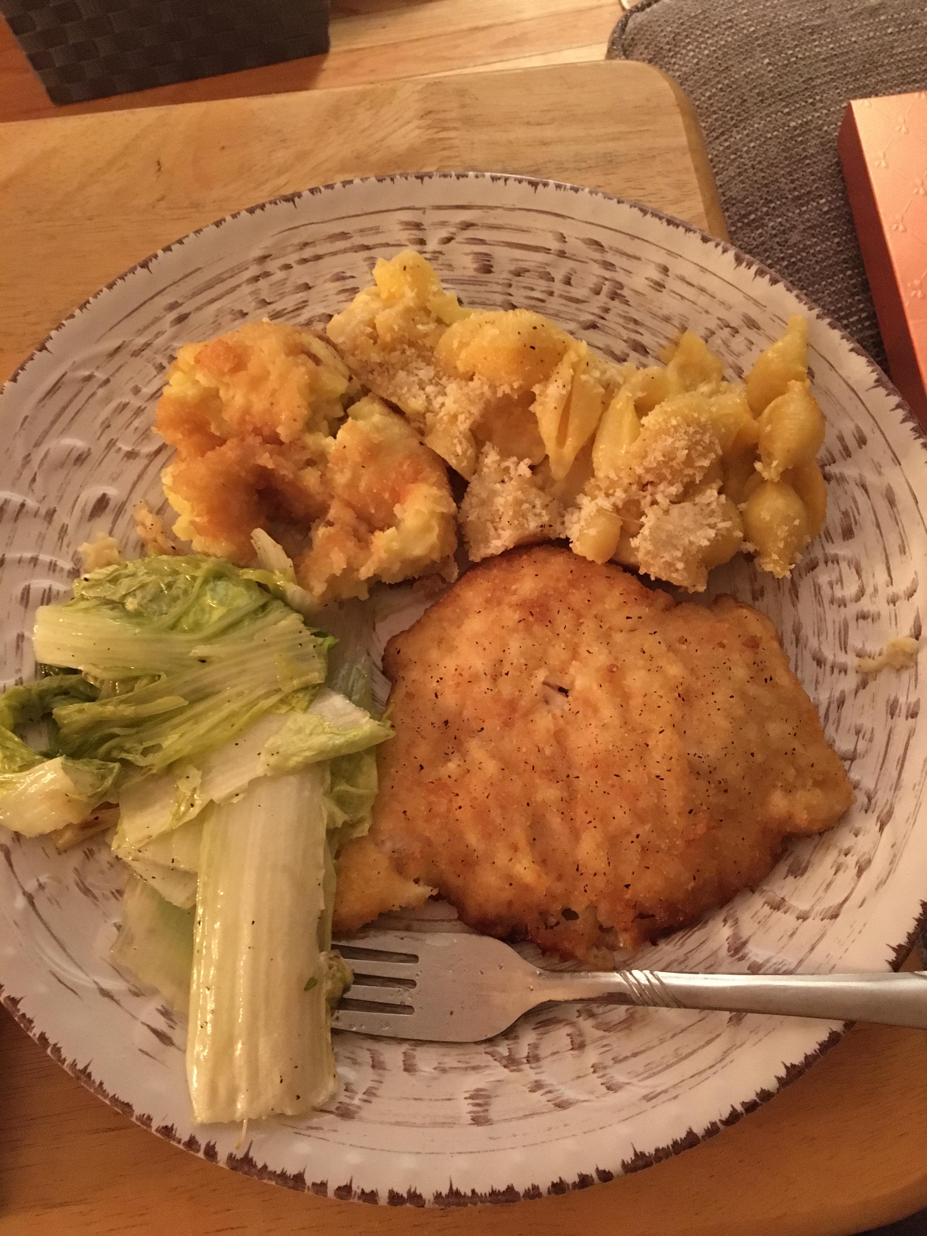[Homemade] chicken cutlet, Napa cabbage, and mac and cheese. food