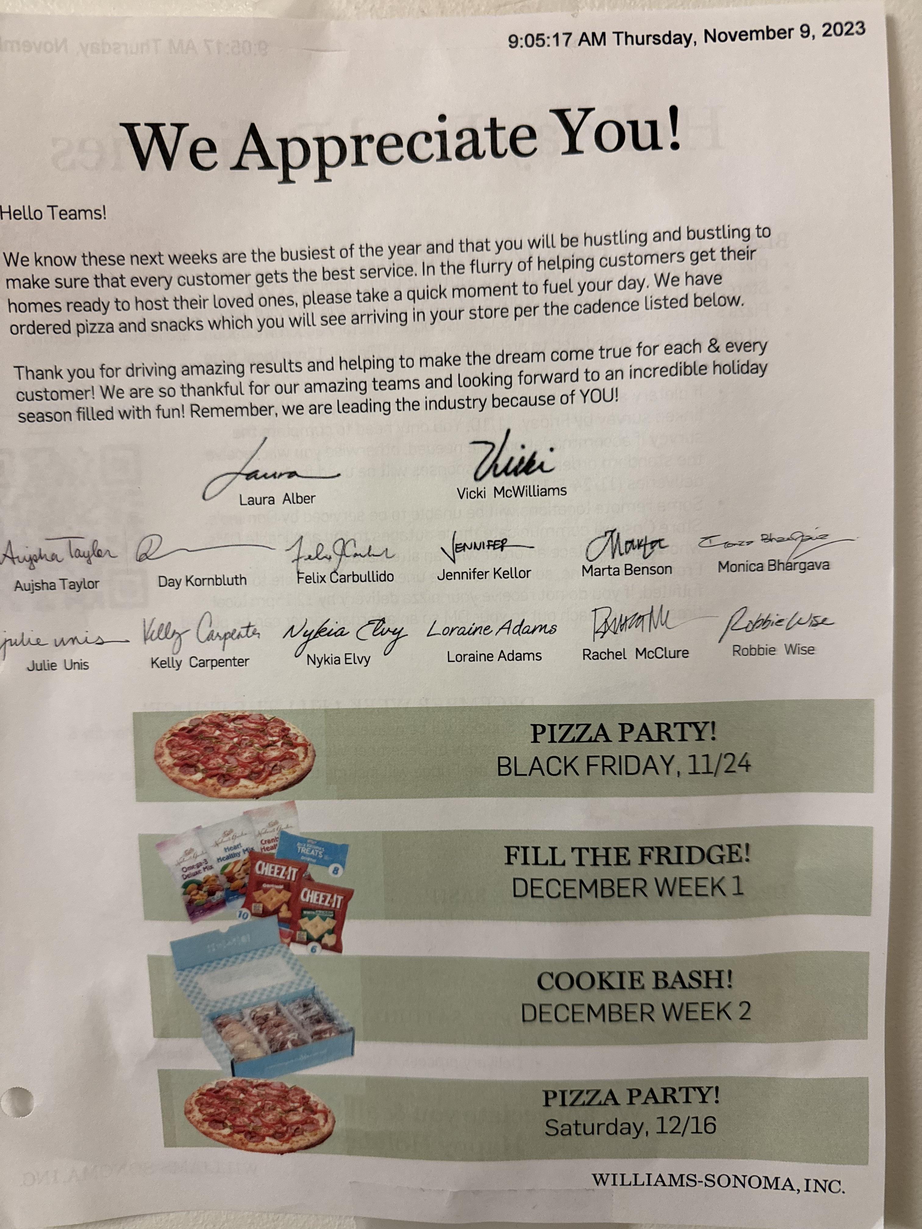 WilliamsSonoma employee appreciation for the holiday season .. r