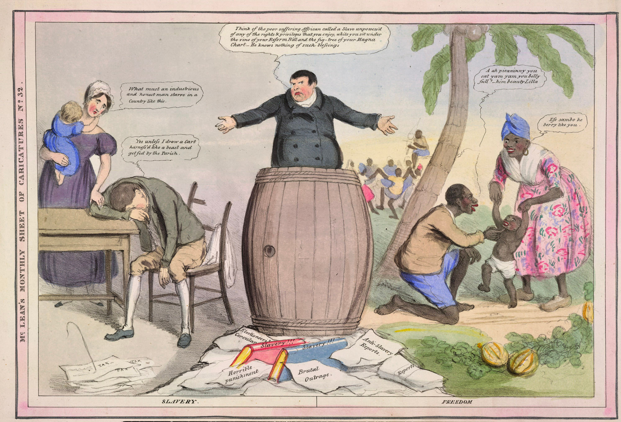 Proslavery cartoon that portrays slaves as living a happy and care