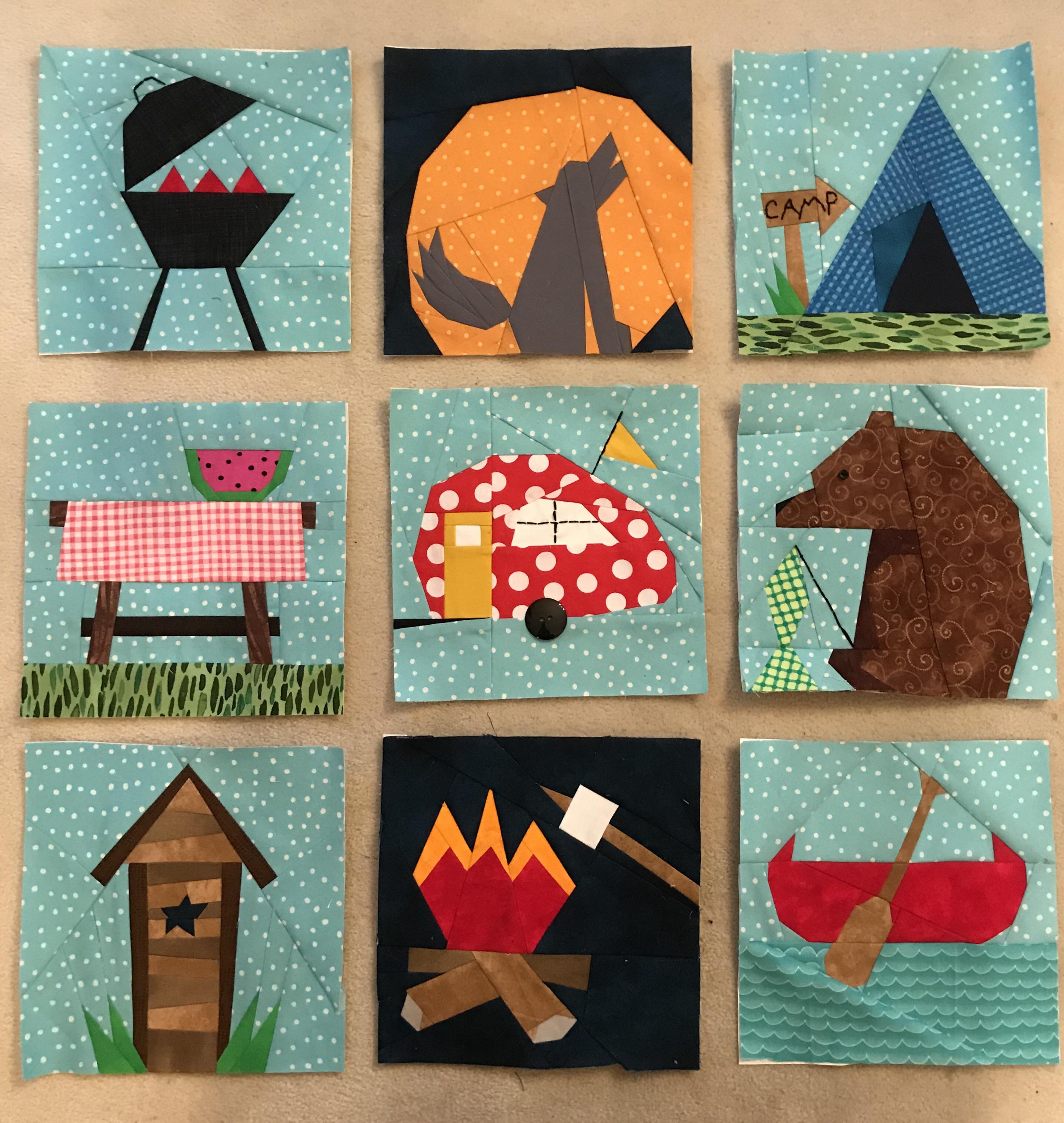 Camping paper pieced blocks. I plan to make the 9 blocks into a quilt
