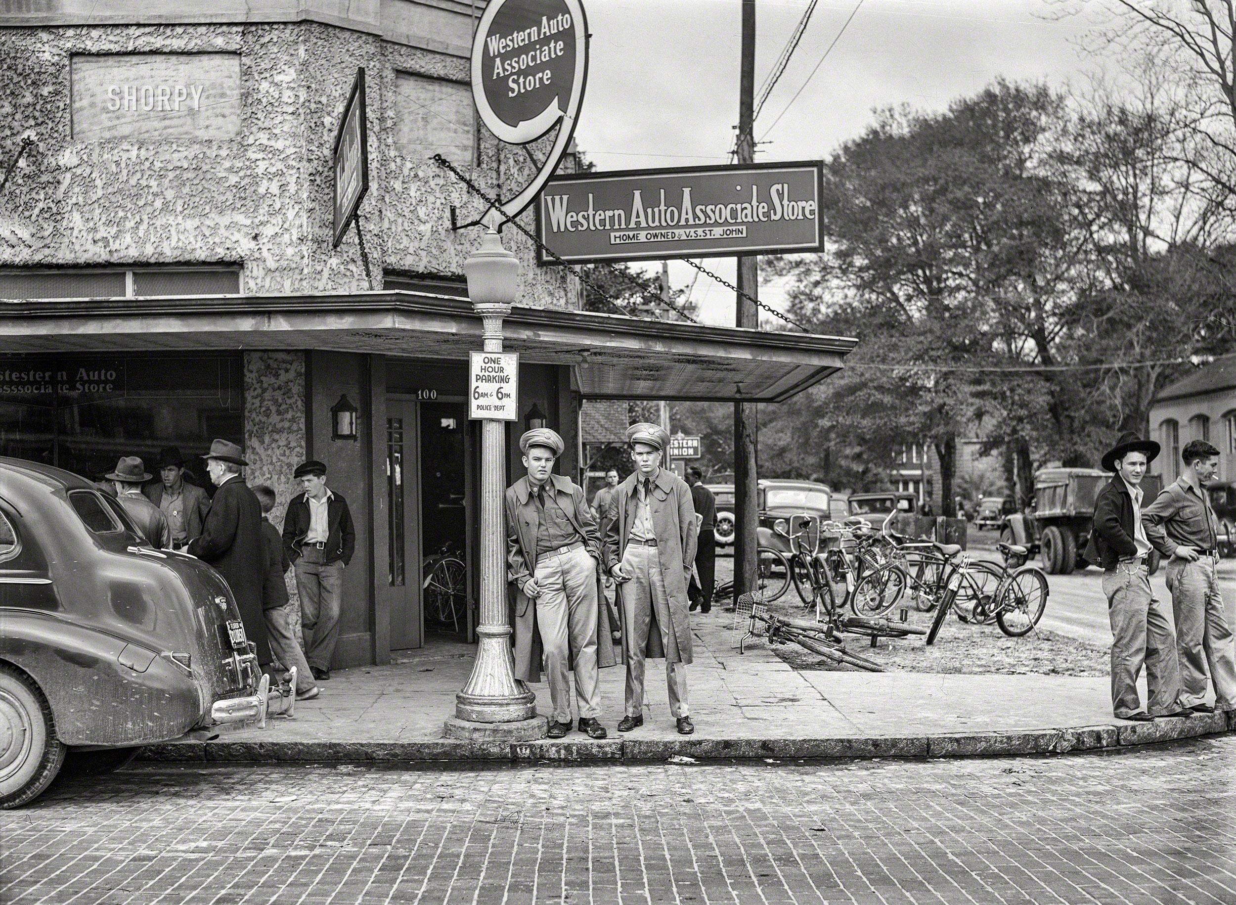Soldiers on street corner in Starke, Florida. December 1940. TheWayWeWere