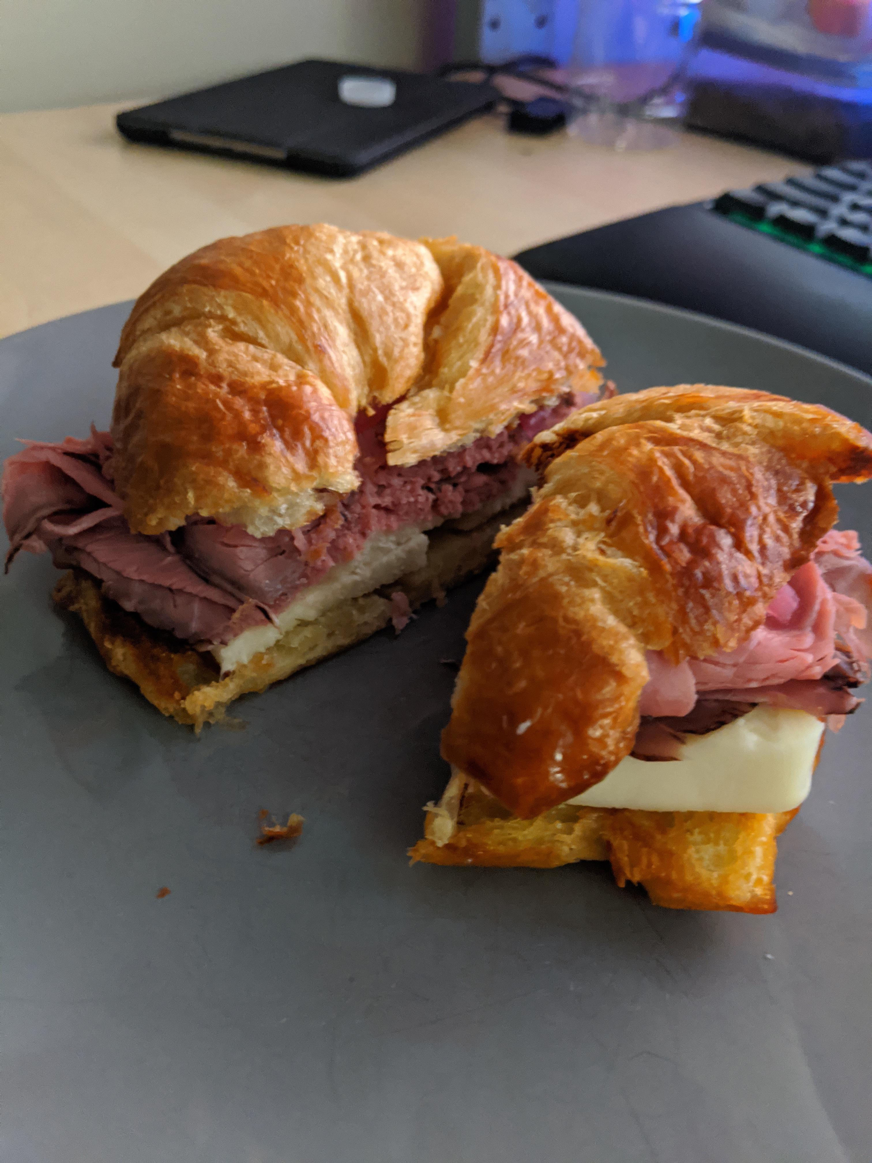 Roast beef and mozzerella on a croissant with pickled onions r/Sandwiches