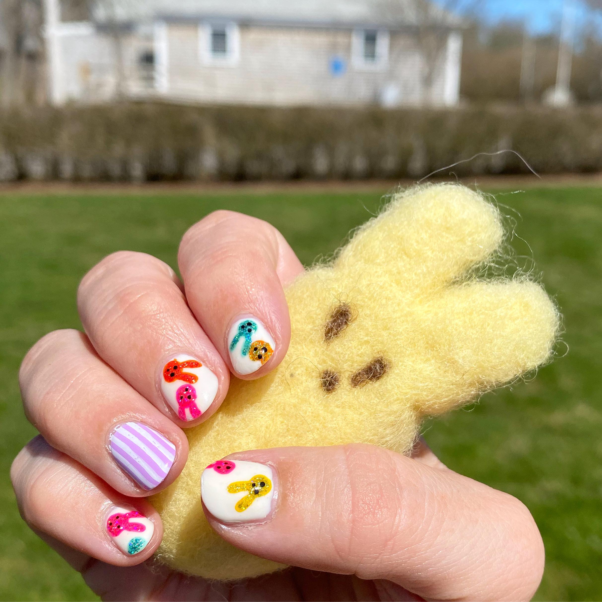 Peeps inspired manicure with a bunny peep that I needle felted r